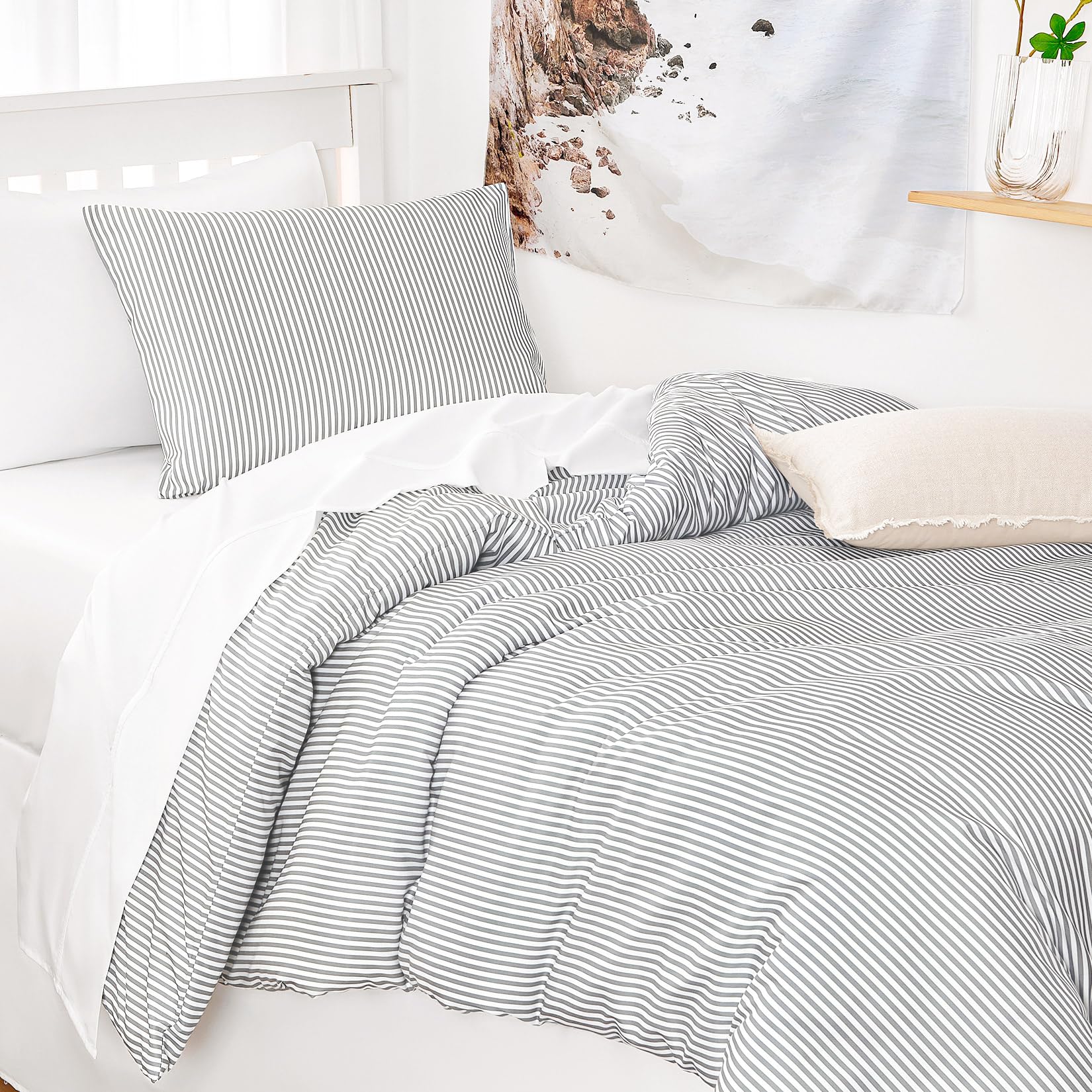 Wake In Cloud - Striped Comforter Set, Ticking Stripe Vertical Pinstripe Neutral Farmhouse Pattern Printed, Soft Lightweight Bedding, 3 Pieces, Blue White, Twin/Twin XL Size