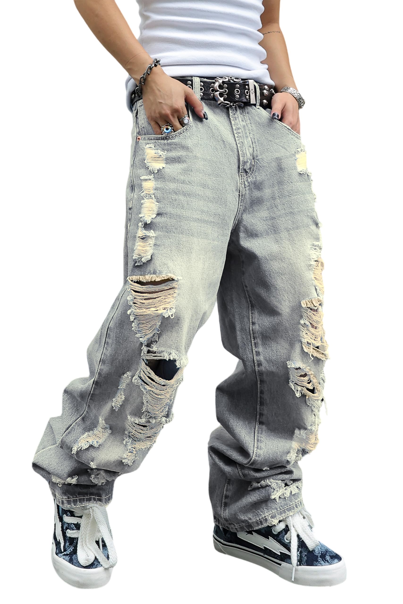 MZNBURAM Men's Non-Stretch Loose Fit Wide-Leg Baggy Jeans Pants