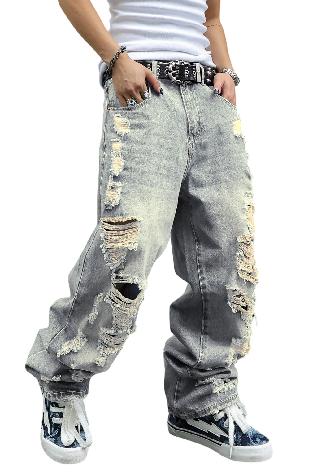 MZNBURAM Men's Non-Stretch Loose Fit Wide-Leg Baggy Jeans Pants