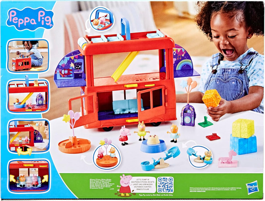 Peppa Pig 2-in-1 Party Bus Playset with 3 Figures and 13 Accessory Pieces, Preschool Toys for Girls and Boys, Kids Gifts, Ages 3+