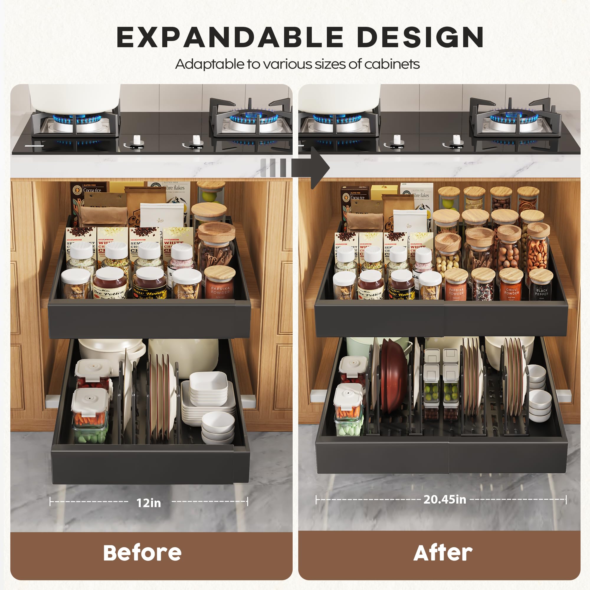 Seinloes 4 Pack Pull Out Cabinet Organizers 21" Deep With Raising Pad for Framed Cabinets, Expandable Width (15.2"-26.3") Slide Out Drawers Upgrade 3 Slide Rails, Roll Out Shelves Adhesive, Black