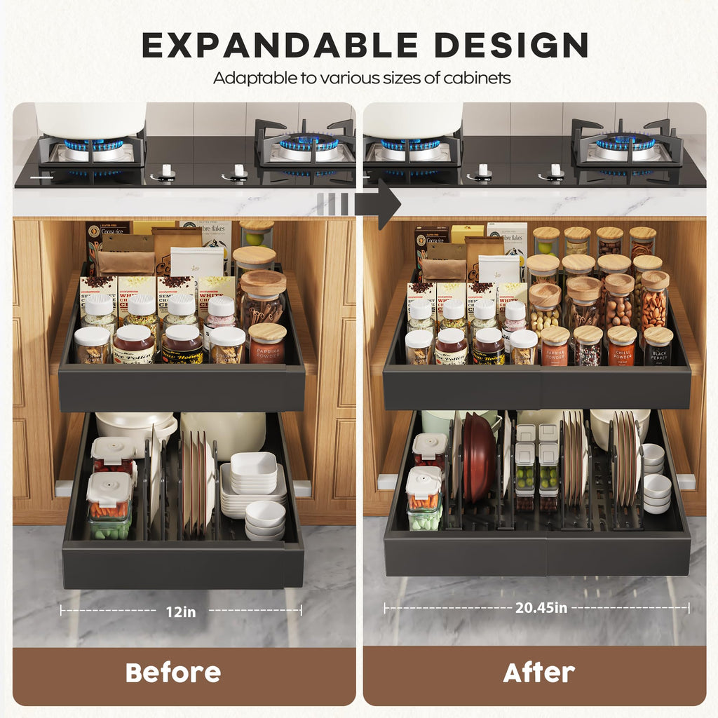 Seinloes 4 Pack Pull Out Cabinet Organizers 21" Deep With Raising Pad for Framed Cabinets, Expandable Width (15.2"-26.3") Slide Out Drawers Upgrade 3 Slide Rails, Roll Out Shelves Adhesive, Black