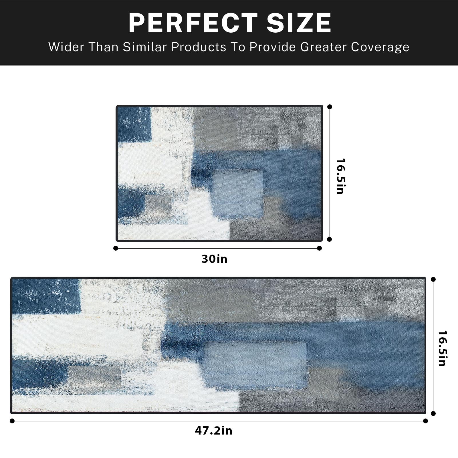 Blue Kitchen Rugs and Mats Non Skid Washable Set of 2, Grey White Modern Abstract Mats for Floor, Geometric Painting Runner Rug Graffiti Art Kitchen Decor