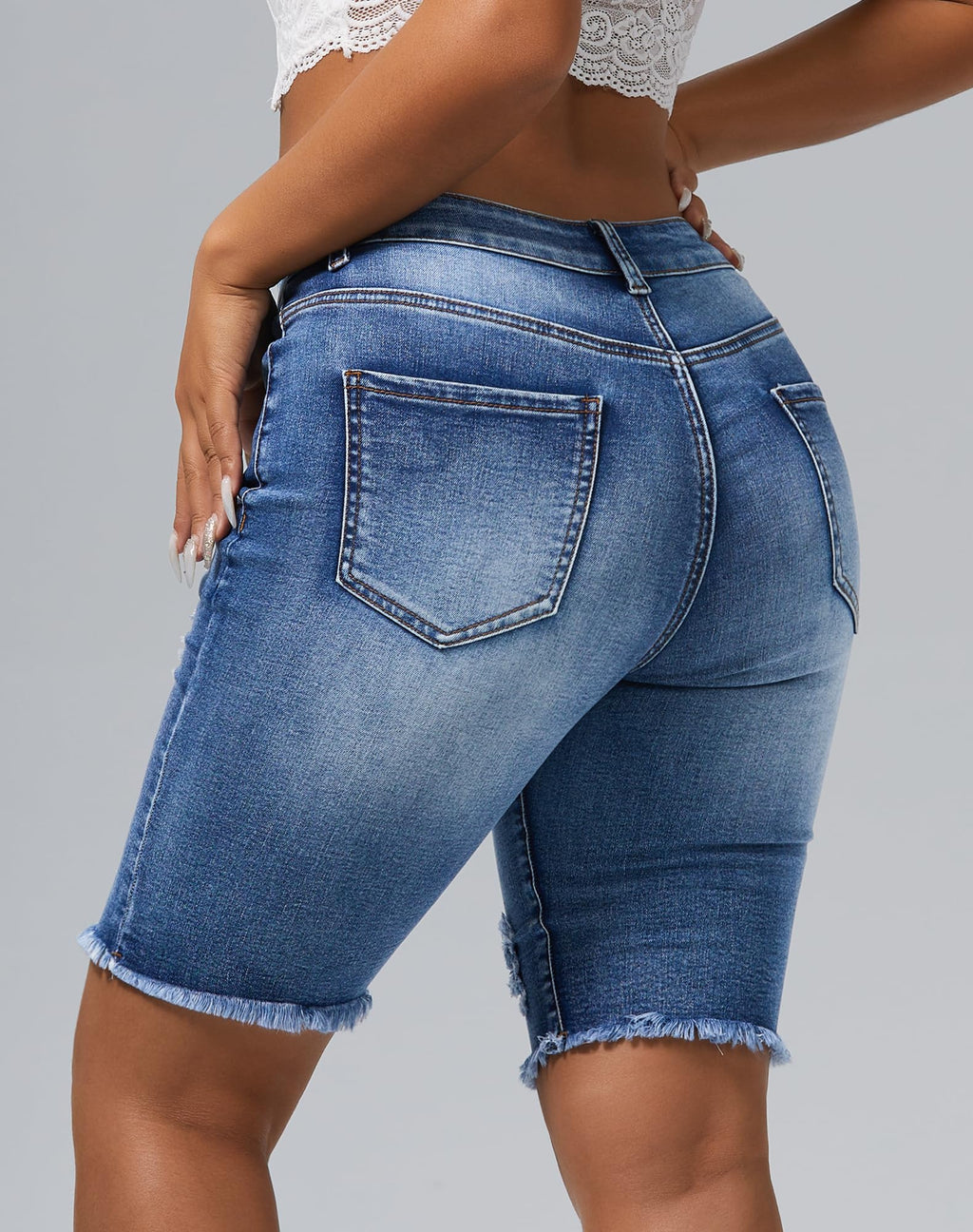 roswear Womens Ripped Stretchy Long Jean Shorts Mid Rise Frayed Cut Off Bermuda Shorts