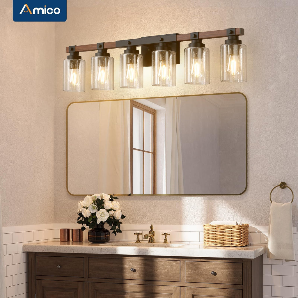Amico 3-Light Farmhouse Vanity Light Fixture, Rustic Wood Bathroom Light Fixtures, Industrial Vintage Black Wall Sconces Lights with Bubble Glass Shade for Mirror, Bedroom, Living Room, Hallway