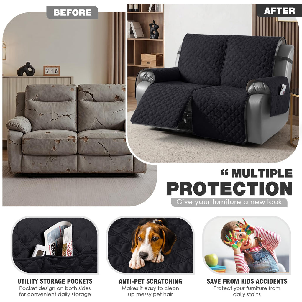 TAOCOCO 100% Waterproof Recliner Chair Covers, Reversible Recliner Covers with Leg Straps, Washable Recliner Sofa Covers for Reclining Chair Furniture Dog Protector with Pocket (Black, 23.6'')