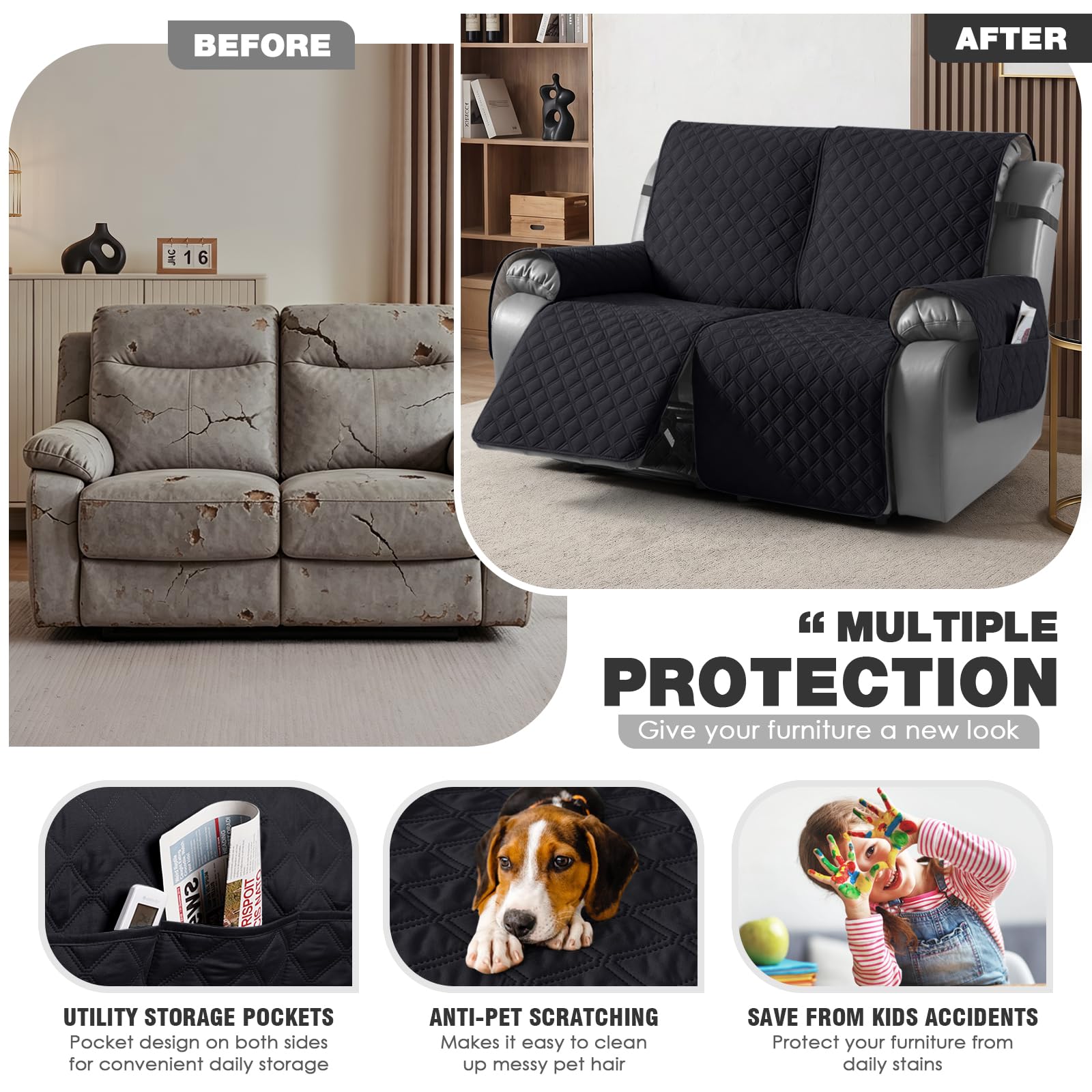 TAOCOCO 100% Waterproof Recliner Chair Covers, Reversible Recliner Covers with Leg Straps, Washable Recliner Sofa Covers for Reclining Chair Furniture Dog Protector with Pocket (Black, 23.6'')