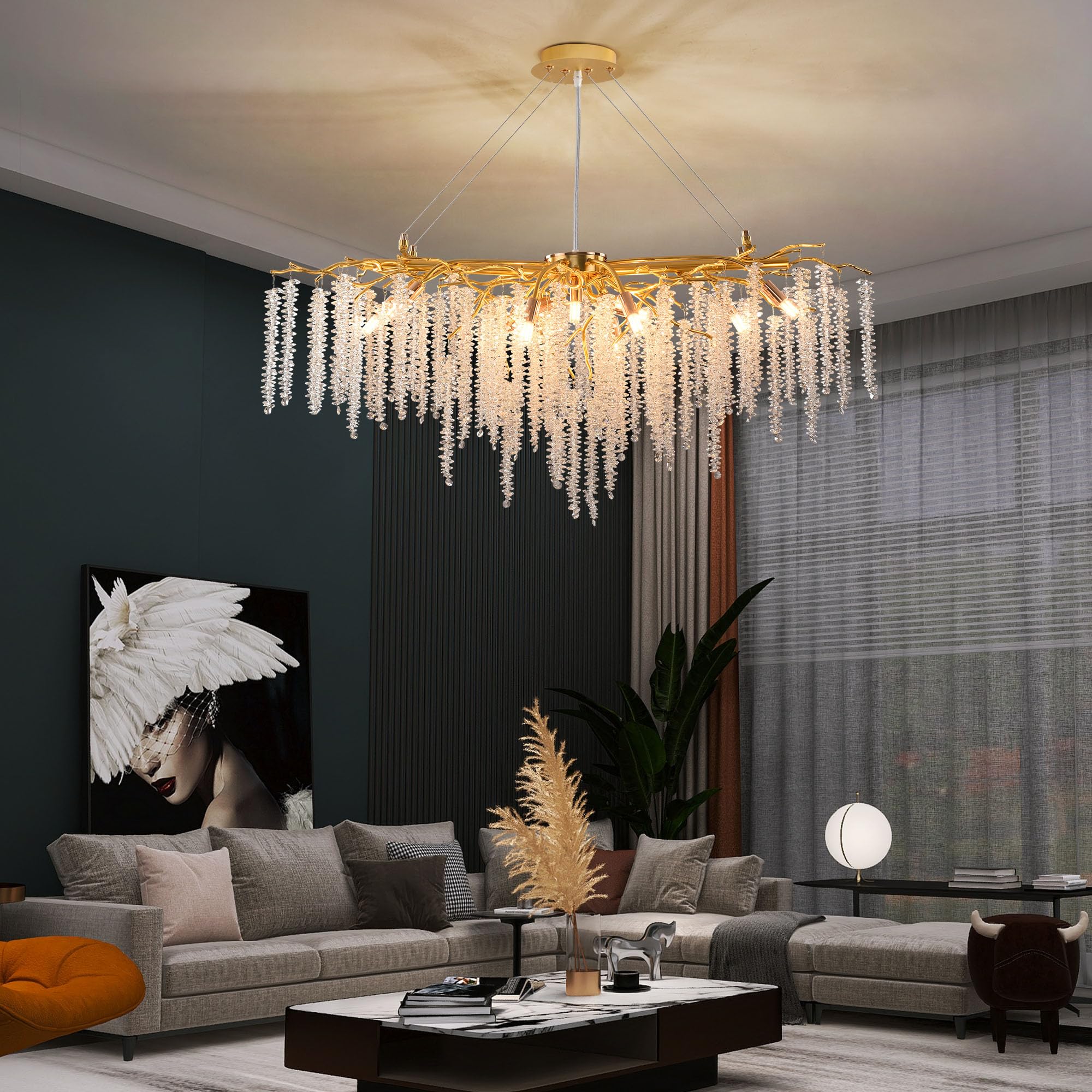 Modern Crystal Raindrop Chandelier, L40'' Black Linear Rectangle Art Deco Tree Branch Lighting Fixture for Kitchen Island Living Room Foyer Staircase 10 Lights