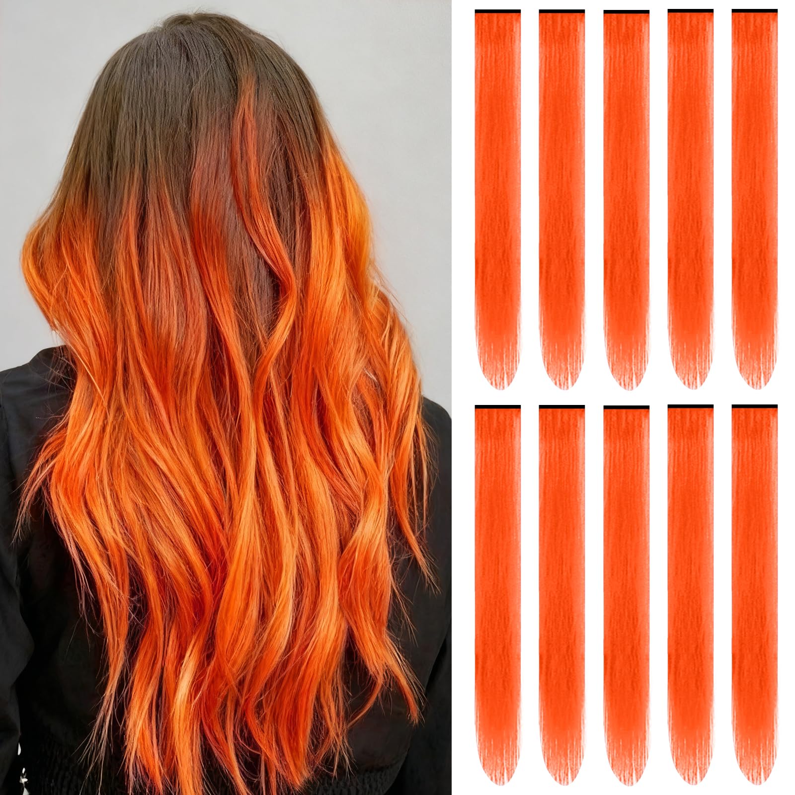 22 inch Colored Hair Extensions,Colorful Clip in Long Straight Synthetic Hair Extensions,Color Party Highlights Hairpieces for Women Girls Cosplay Styling(10 PCS Black)