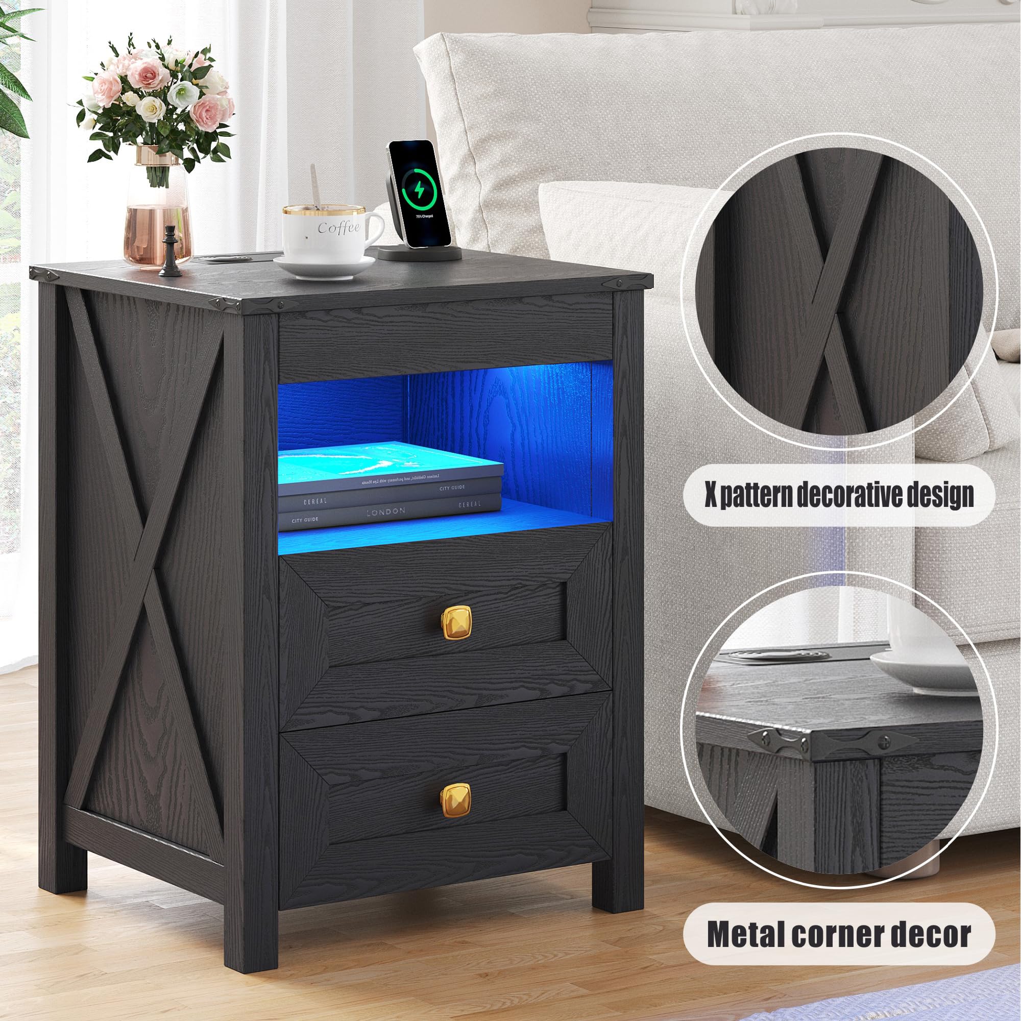 TAGELIER Farmhous Nightstand with Gun Drawer,Bedside Table with Charging Station, Gun Night Stand with LED Light & Human Sensor,Smart End Table for Bedroom, Black