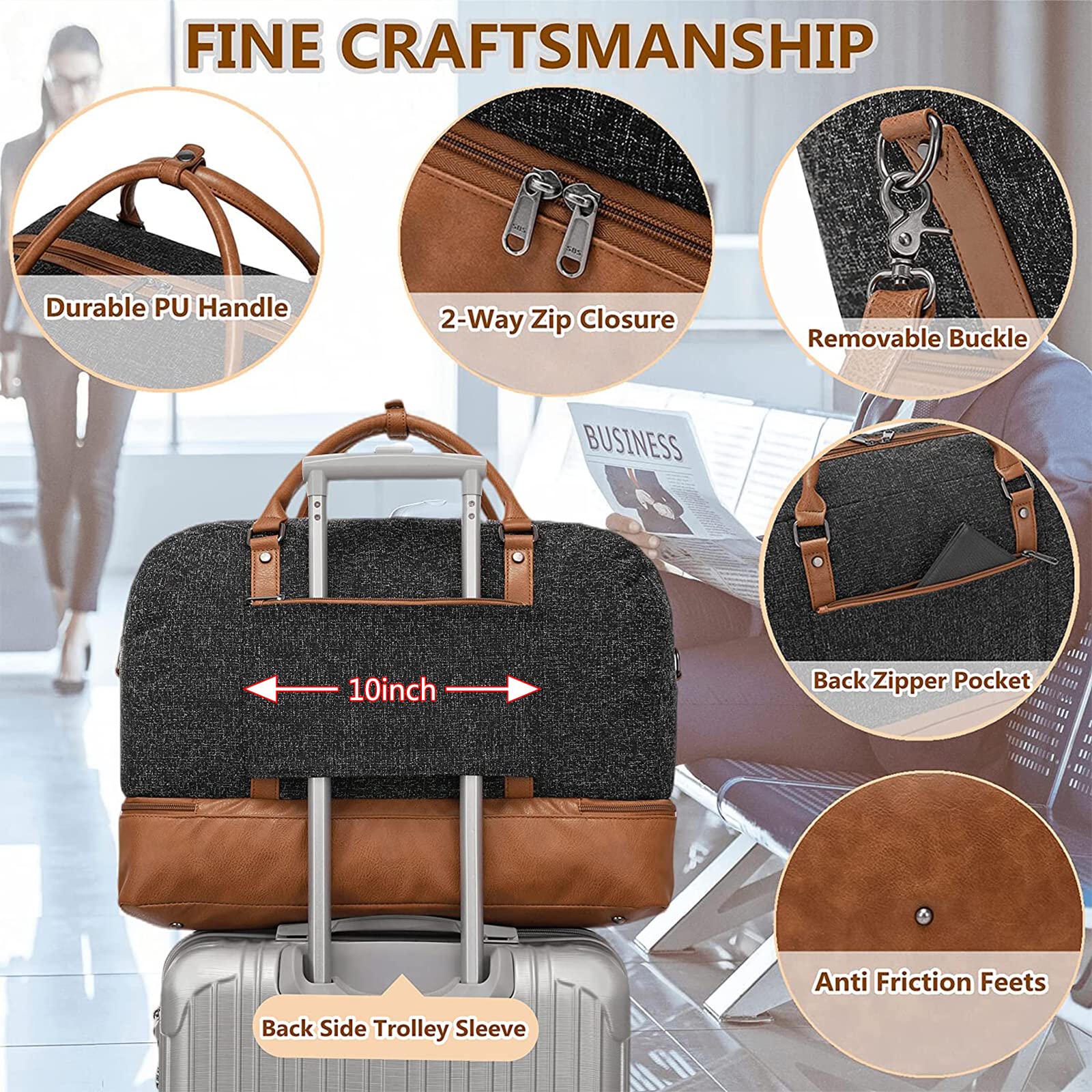Wogarl 4PCS Weekender Bags for Women Large Overnight Weekend Travel Duffel Carry on Shoulder with Shoe Compartment Canvas Toiletry Bag for Travel Business Gym