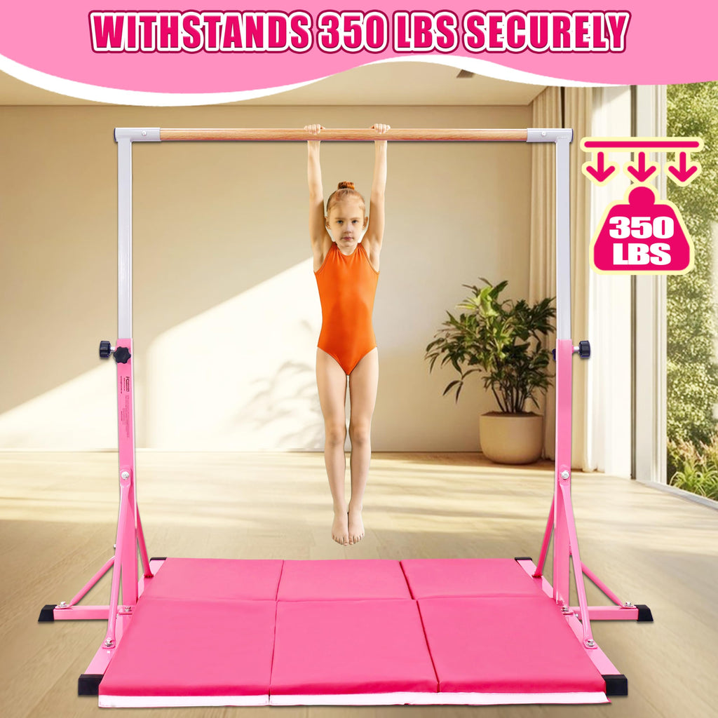 FC FUNCHEER Gymnastics Bar for Kids Ages 3-15, 35" to 60" Adjustable Height, 4FT Wide Base - Professional Kip Bar with 360° Stability & Fiberglass Crossbar, Easy Fold&Solid Design for Home Training