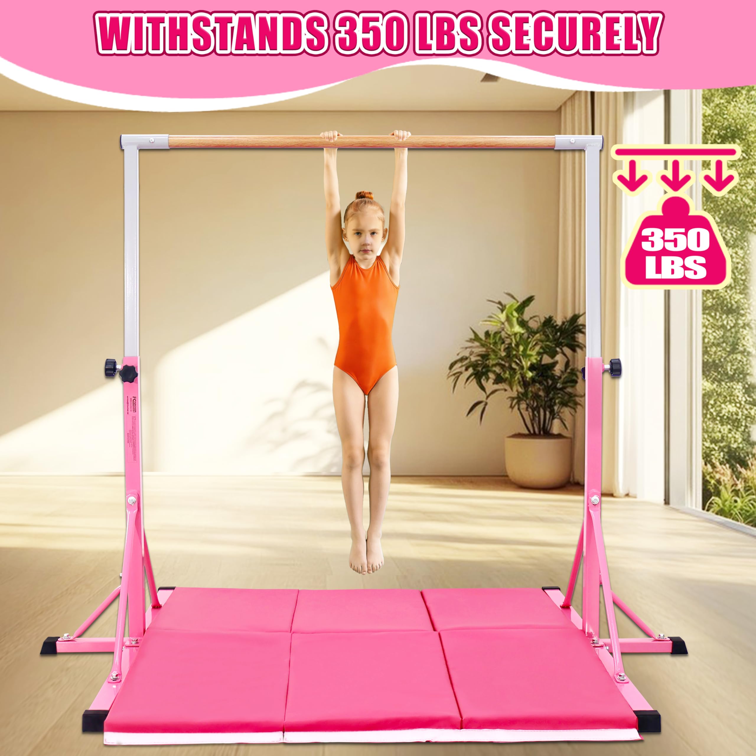 FC FUNCHEER Gymnastics Bar for Kids Ages 3-15, 35" to 60" Adjustable Height, 4FT Wide Base - Professional Kip Bar with 360° Stability & Fiberglass Crossbar, Easy Fold&Solid Design for Home Training