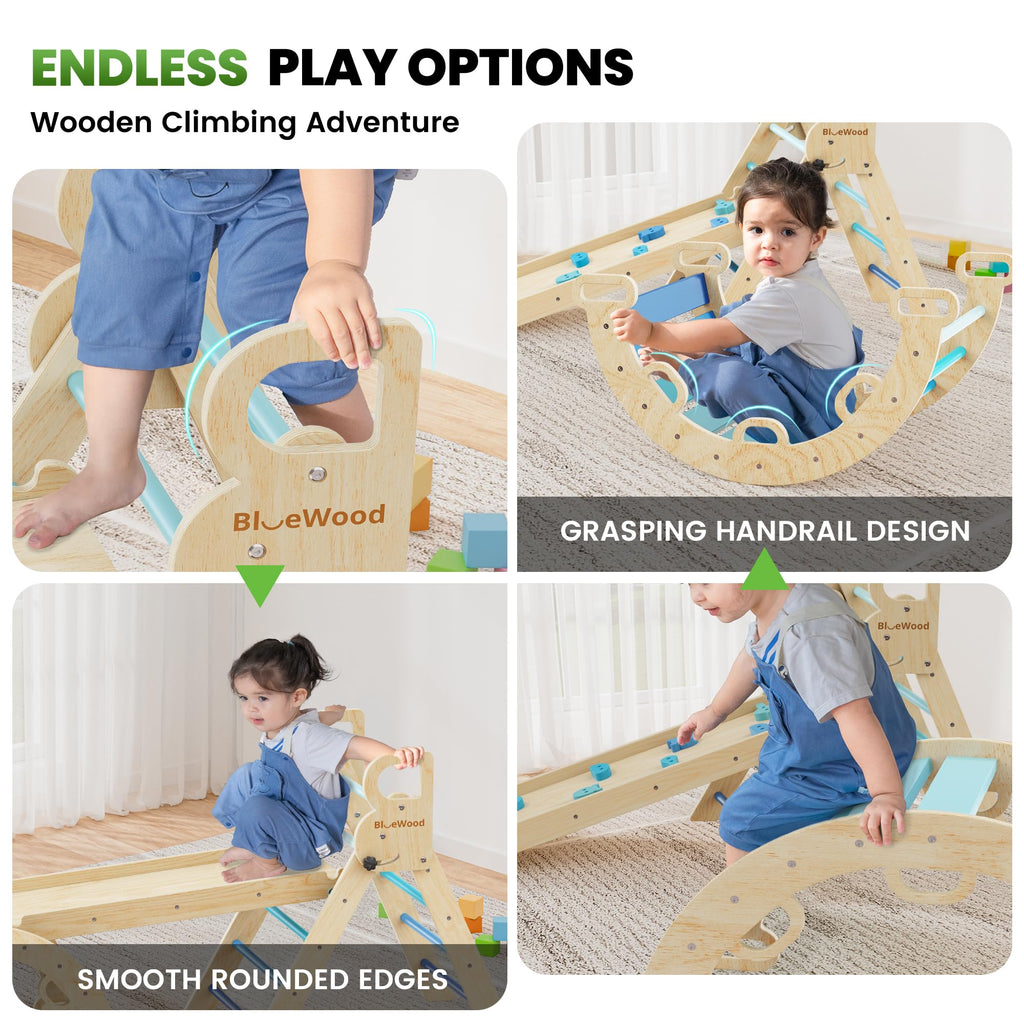 BlueWood Pikler Triangle Set with Safe Handle, Foldable 7-in-1 Montessori Toddler Climbing Toys Indoor, Wooden Pickler Climbing Set, Baby Jungle Gym & Playground, Climbing Toys for 1-3 Year, Colorful