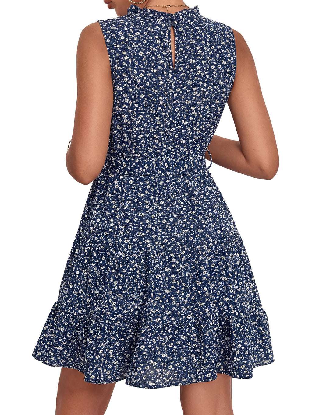 Umenlele Women's Ruched Trim Crewneck Sleeveless Tie Knot High Waist Ruffle Layered Short Dress