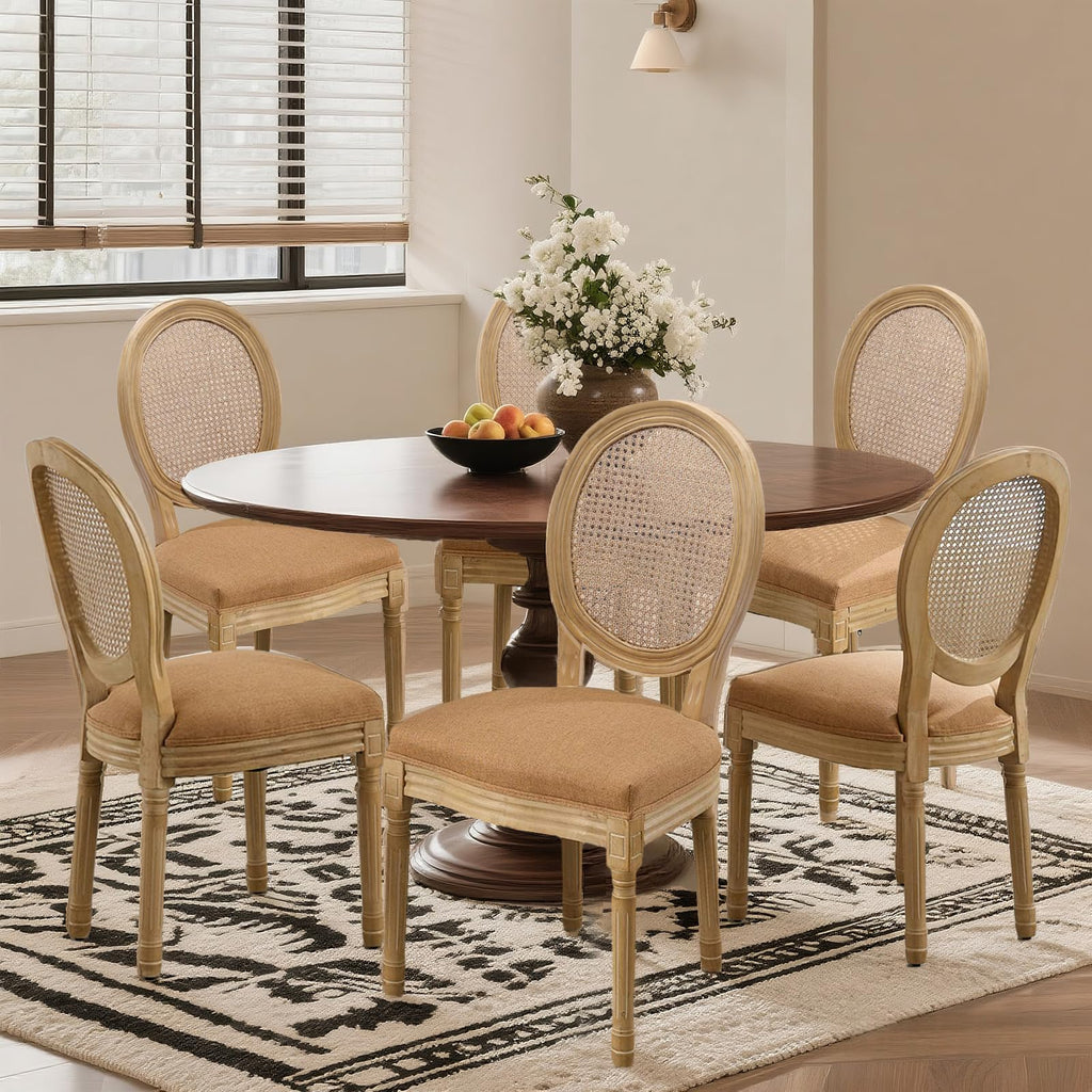 SoarFlash Linen French Dining Chairs Set of 2, Vantage Dining Chair with Round Back, Wood Leg Farmhouse Country Dining Chair for Living Room,Kitchen,Bedroom,Beige