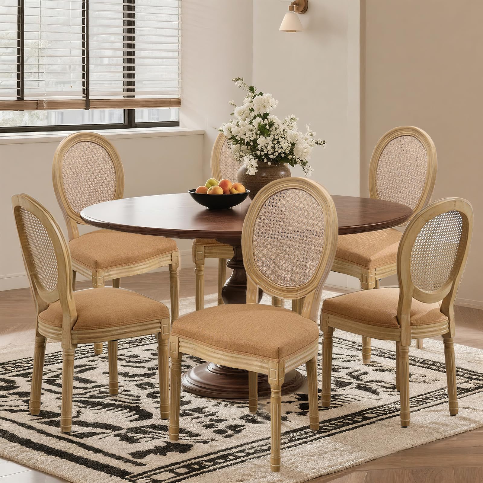 SoarFlash Linen French Dining Chairs Set of 2, Vantage Dining Chair with Round Back, Wood Leg Farmhouse Country Dining Chair for Living Room,Kitchen,Bedroom,Beige