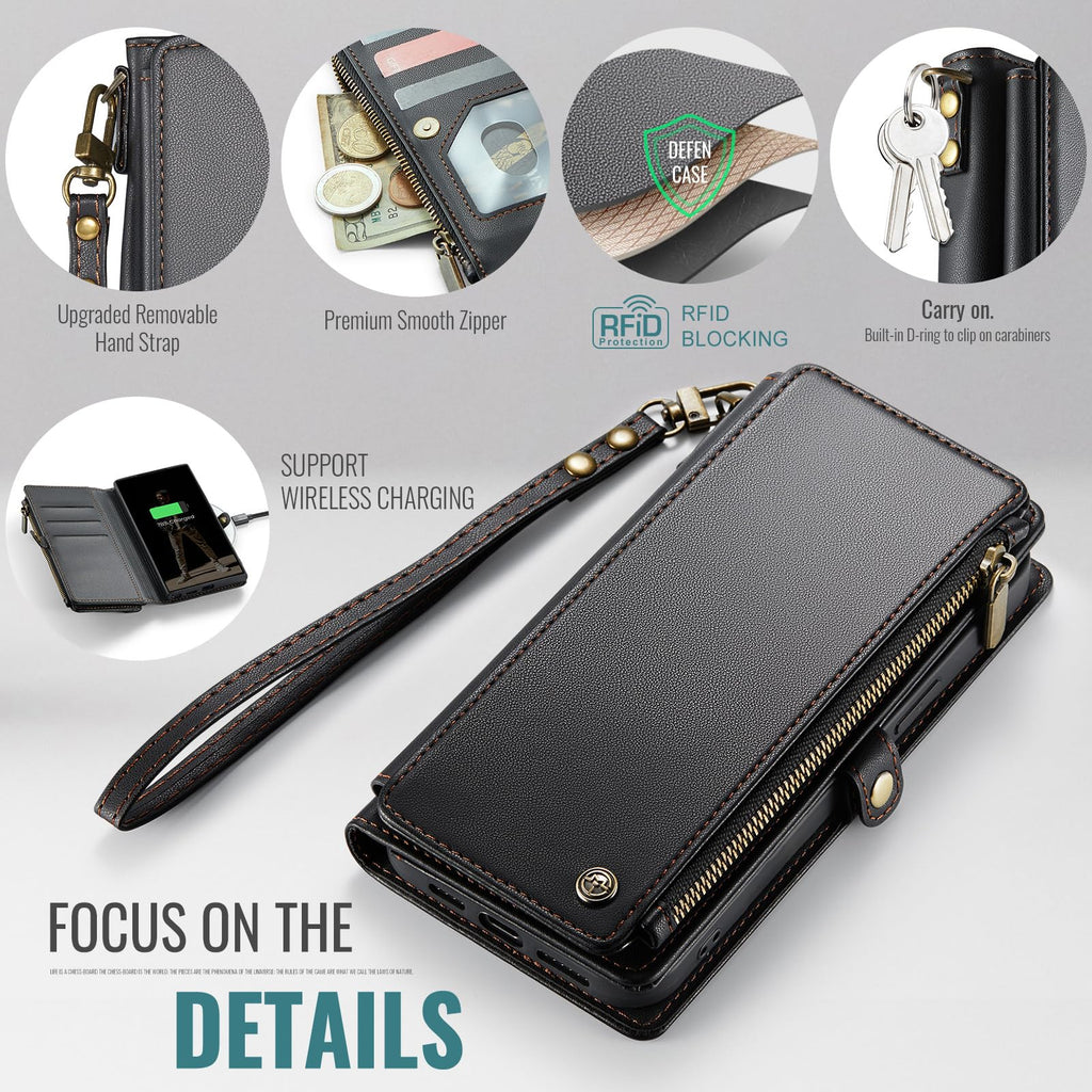 Defencase for Samsung Galaxy S25 Ultra Magnetic Wallet Case Compatible with Magsafe with RFID Blocking Zipper & Card Holder Women, PU Leather Detachable Phone Case for Galaxy S25 Ultra 6.9", Black