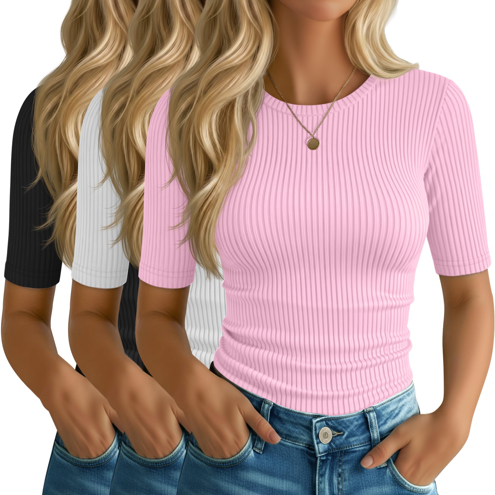 Riyiper 3 Pack Women's Elbow Length Tops, Half Sleeve Ribbed Cotton T Shirt Crew Neck Summer Tee Slim Fit Casual Blouses