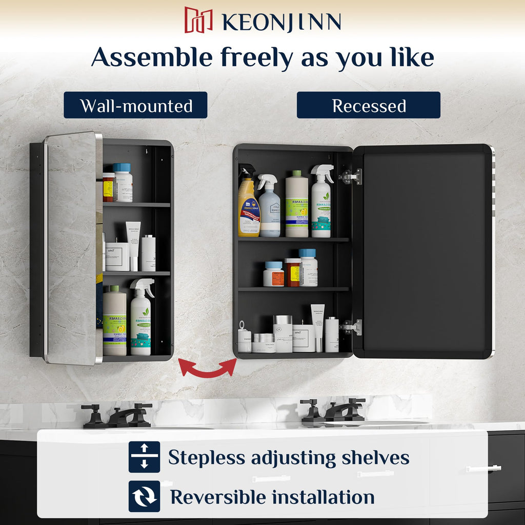 Keonjinn 15 x 36 Inch Black Slim Medicine Cabinets, Narrow Bathroom Side Medicine Cabinet with Mirror, Stainless Steel Framed, Adjustable Shelves, Recessed or Wall Mount, Modern Farmhouse