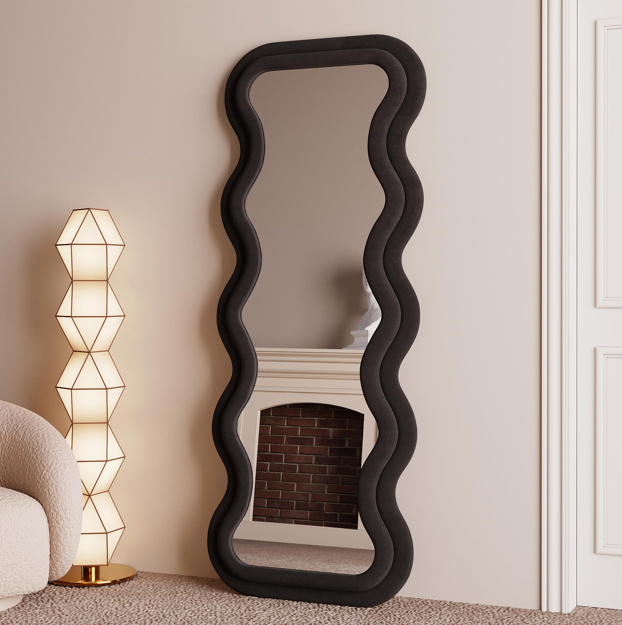 BOJOY Full Length Mirror, 63" x 24" Wall Mirror, Flannel Wrapped Wooden Frame Floor Mirror, Irregular Wavy Mirror Hanging or Leaning Against Wall for Cloakroom/Bedroom/Living Room, Black