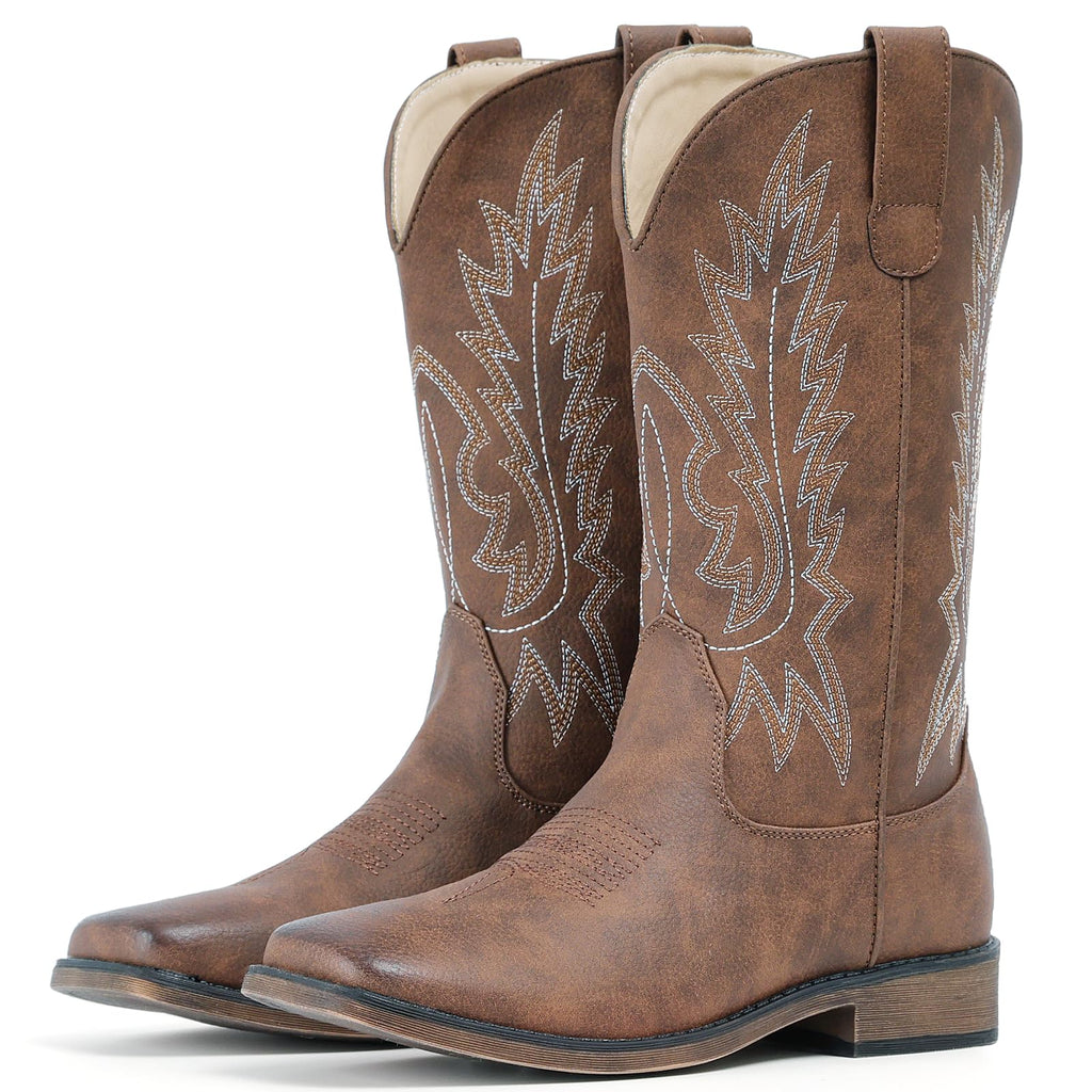 IUV Cowboy Boots For Women Square Toe Wide Western Boots Mid Calf Cowgirl Boots Pull On Embroidered Brown Cowboy Boots