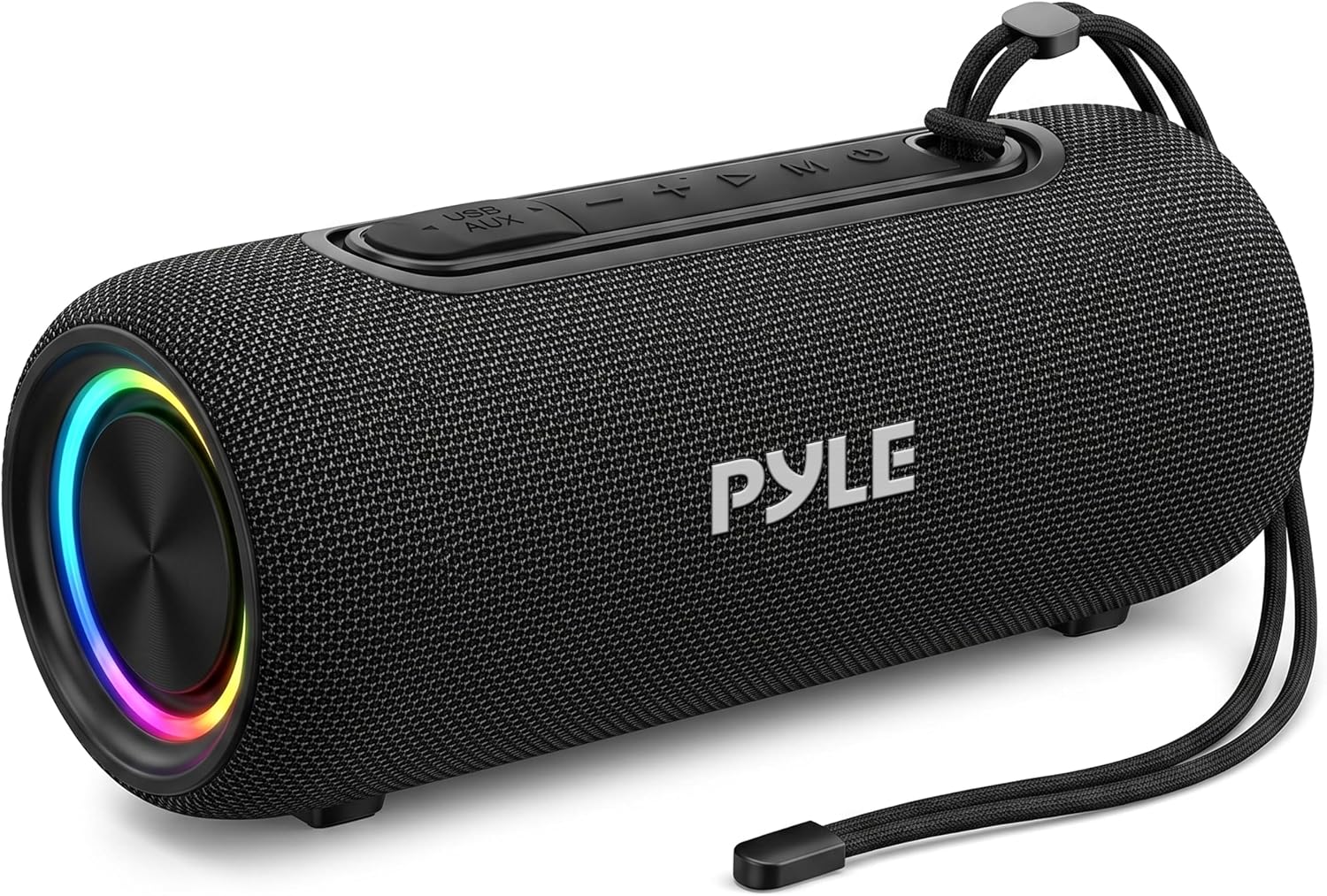 Pyle Portable Bluetooth Speaker - IPX5 Waterproof, Multi-Color LED, TWS Stereo Pairing, USB/AUX/FM, 20W Peak Power, 5H Battery, Built-In Mic, Shockproof ABS Design - Outdoor, Travel, Home - PBTPSP20BK