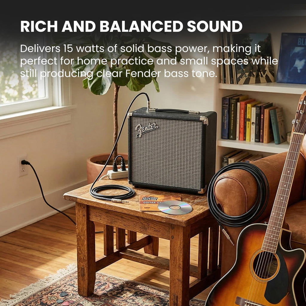 Fender Rumble 15 Bass Guitar Combo Amplifier Bundle with Instrument Cable and Austin Bazaar Instructional DVD