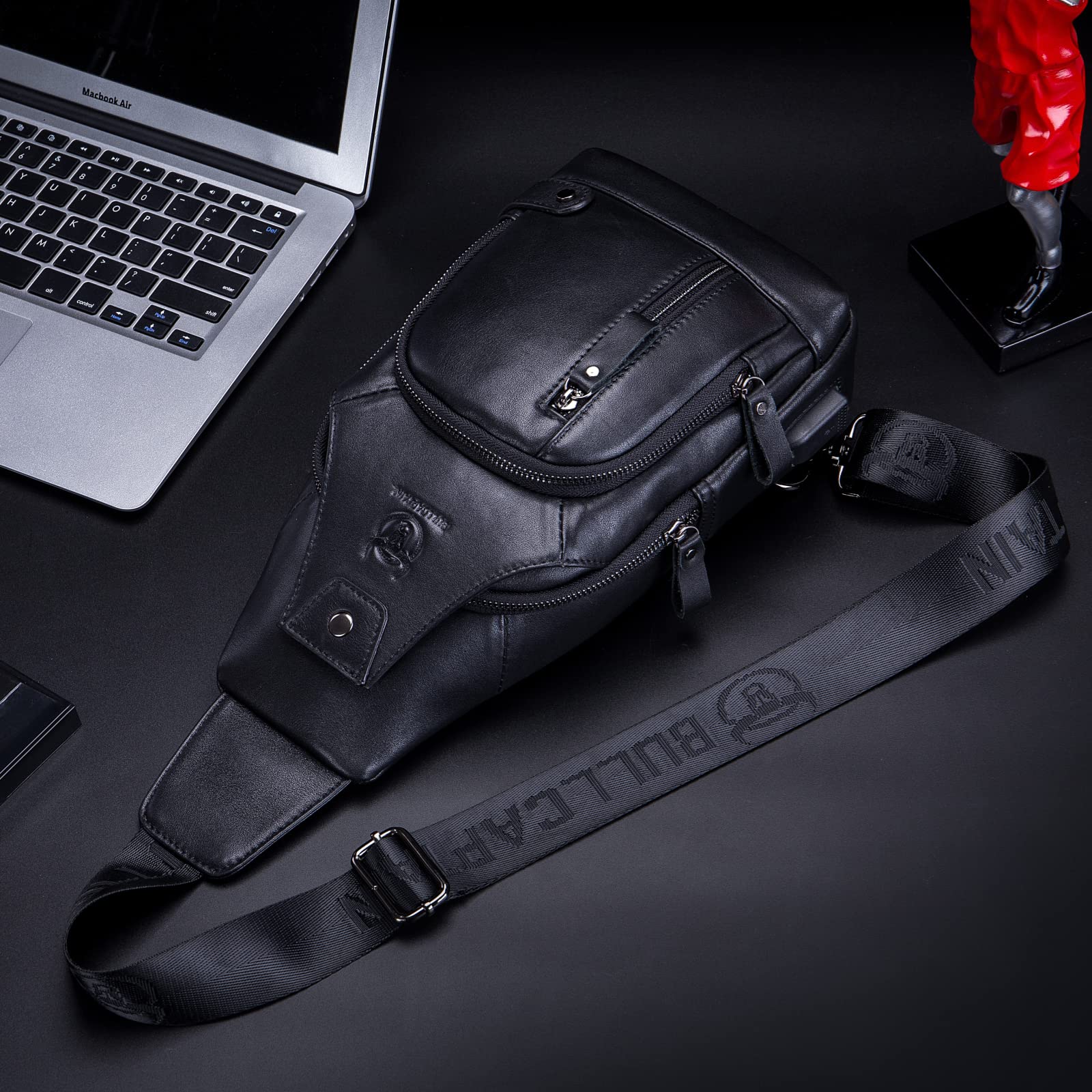 BULLCAPTAIN Genuine Leather Sling Bag for Men XB-129 | USB Charging Port, Multi-pocket, Chest Bag, Hiking Travel Daypack