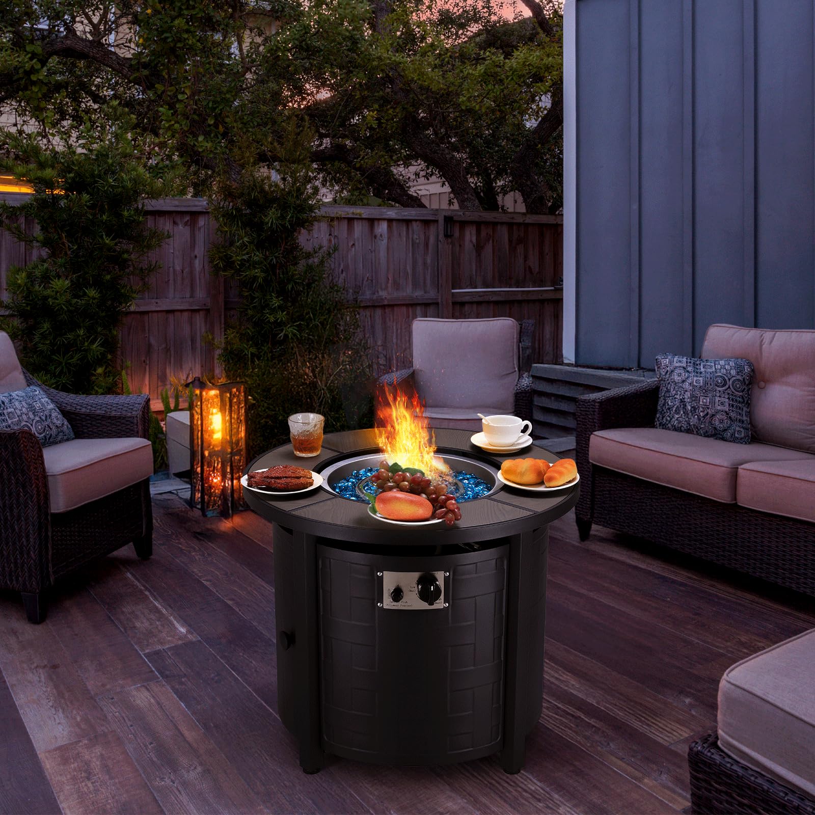 TLGREEN Propane Fire Pit Table 30 Inch Round – 50,000 BTU Outdoor Fire Pit with Lid, Converts to Patio Coffee Table, Certified, Includes Waterproof Cover & Blue Fire Glass(Grey)