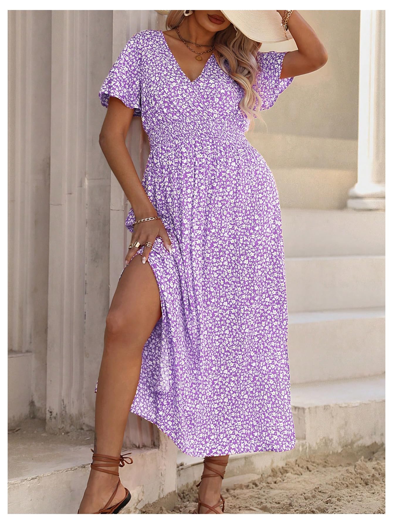 Floerns Women's Plus Size Boho Hawaiian Tropical Dresses V Neck Short Sleeve Floral A Line Long Dress Vacation Beach Outfits