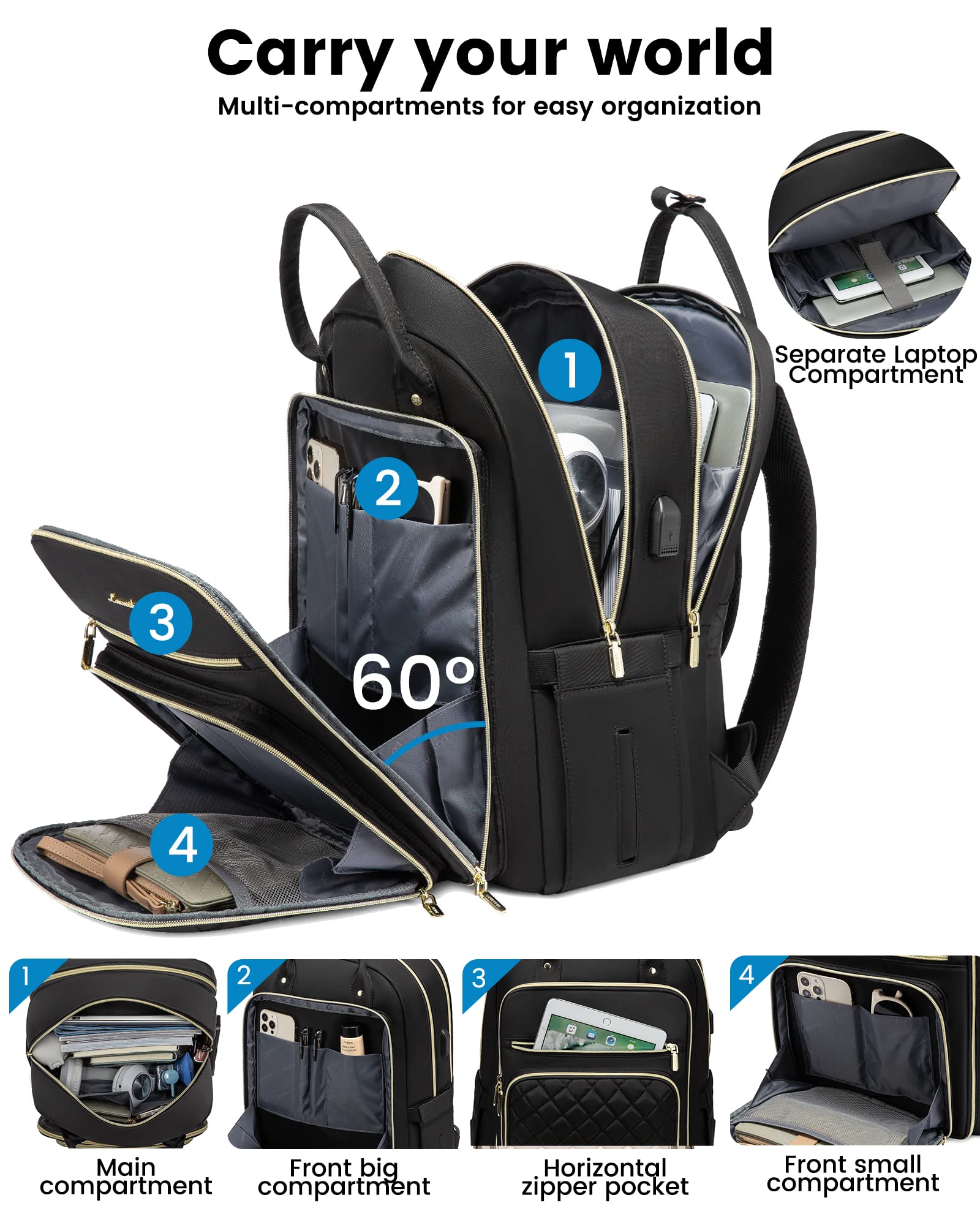 LOVEVOOK Laptop Backpack for Women, Water Resistant Travel Work Backpacks Purse College Business Teacher Nurse Computer bag with USB Charging Port