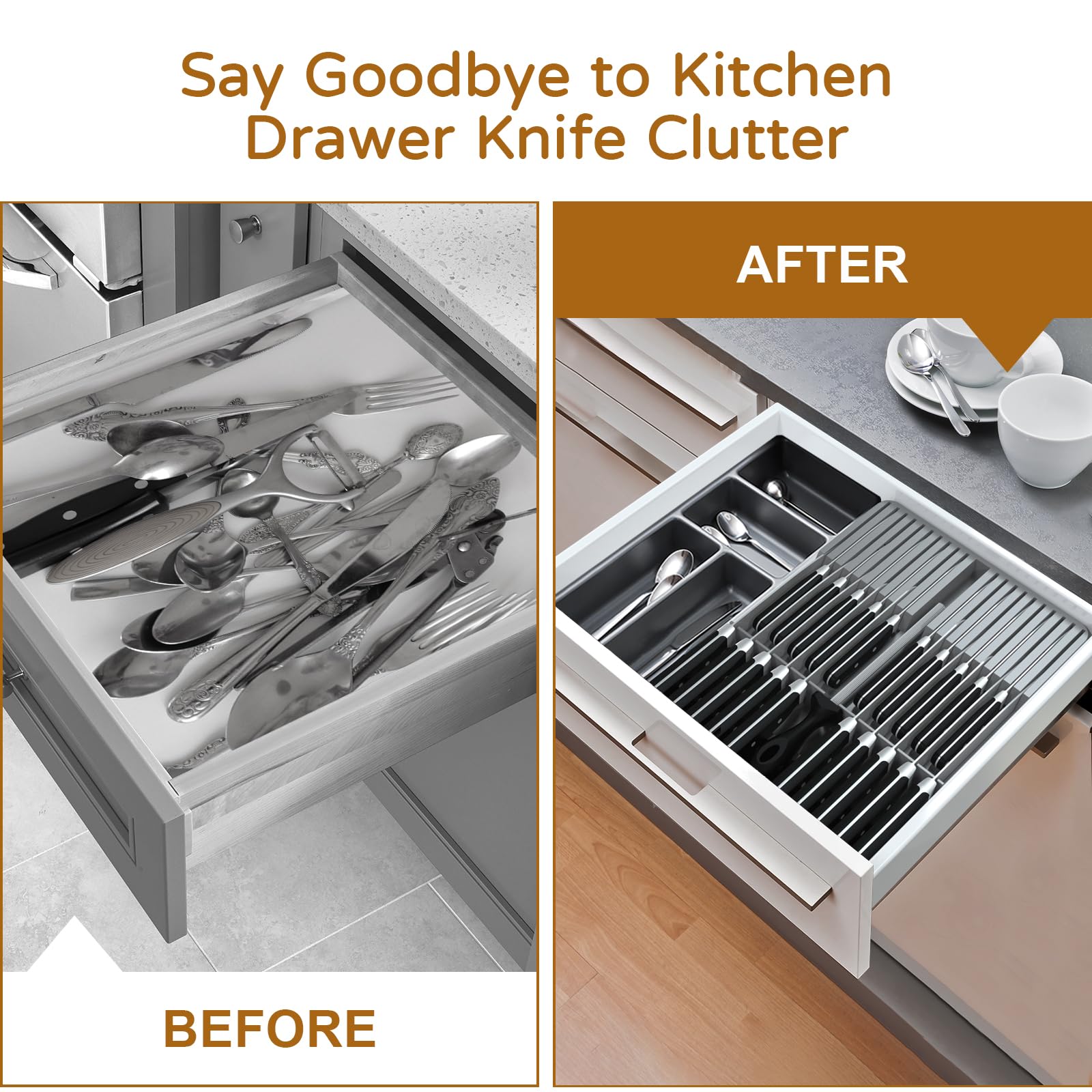NIUXX Bamboo In-Drawer Knife Block Set for 9 Knives(Not Included), Large Kitchen Detachable Washable Cutlery Slot Organizer Storage Holder for Sharpening Steel and Cutter