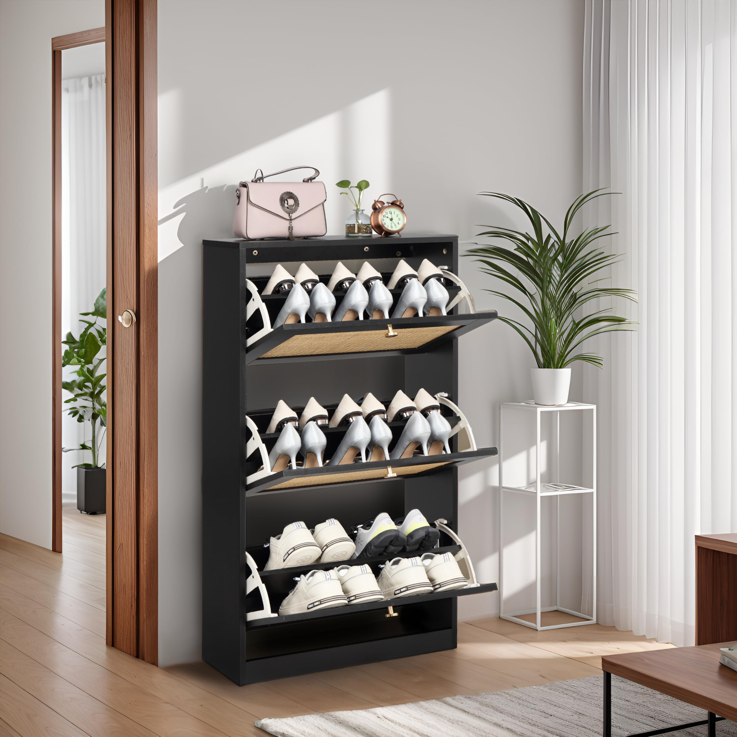 Finnhomy 3 Tier Shoe Cabinet with Natural Rattan Flip Drawers for Entryway, Free Standing Slim Shoe Storage Organizer with Large Top Board, Shoe Cabinet with Adjustable Width Drawers, Black