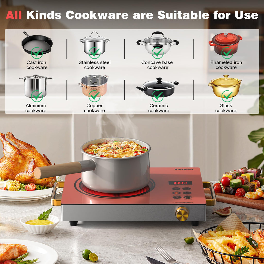 Karinear Portable Electric Stove 110V, 1800W Electric Hot Plate with Handle, Knob Control Single Burner Electri Cooktop, Ceramic Infrared Countertop Burner, Timer, Safety Lock(Green)
