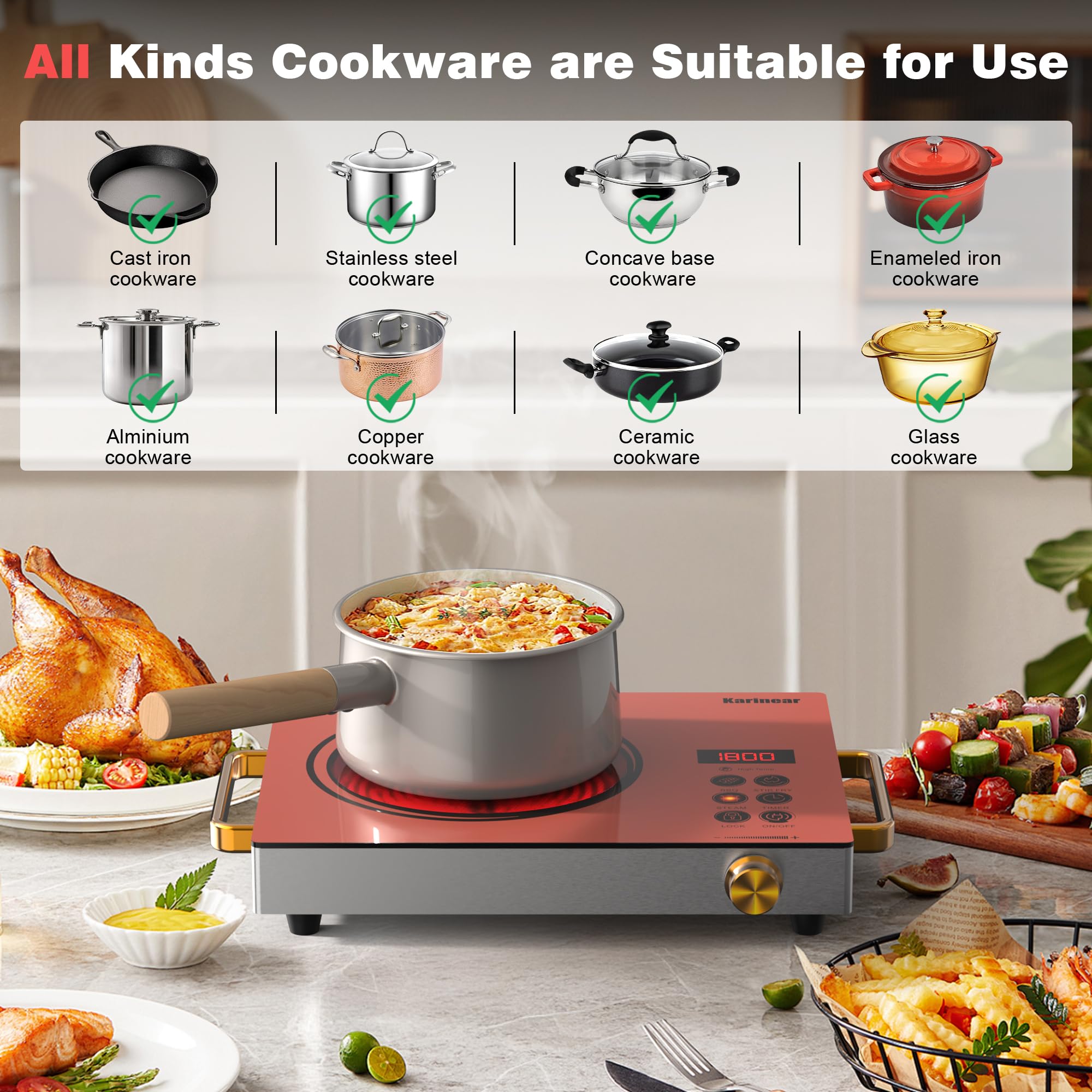 Karinear Portable Electric Stove 110V, 1800W Electric Hot Plate with Handle, Knob Control Single Burner Electri Cooktop, Ceramic Infrared Countertop Burner, Timer, Safety Lock(Green)