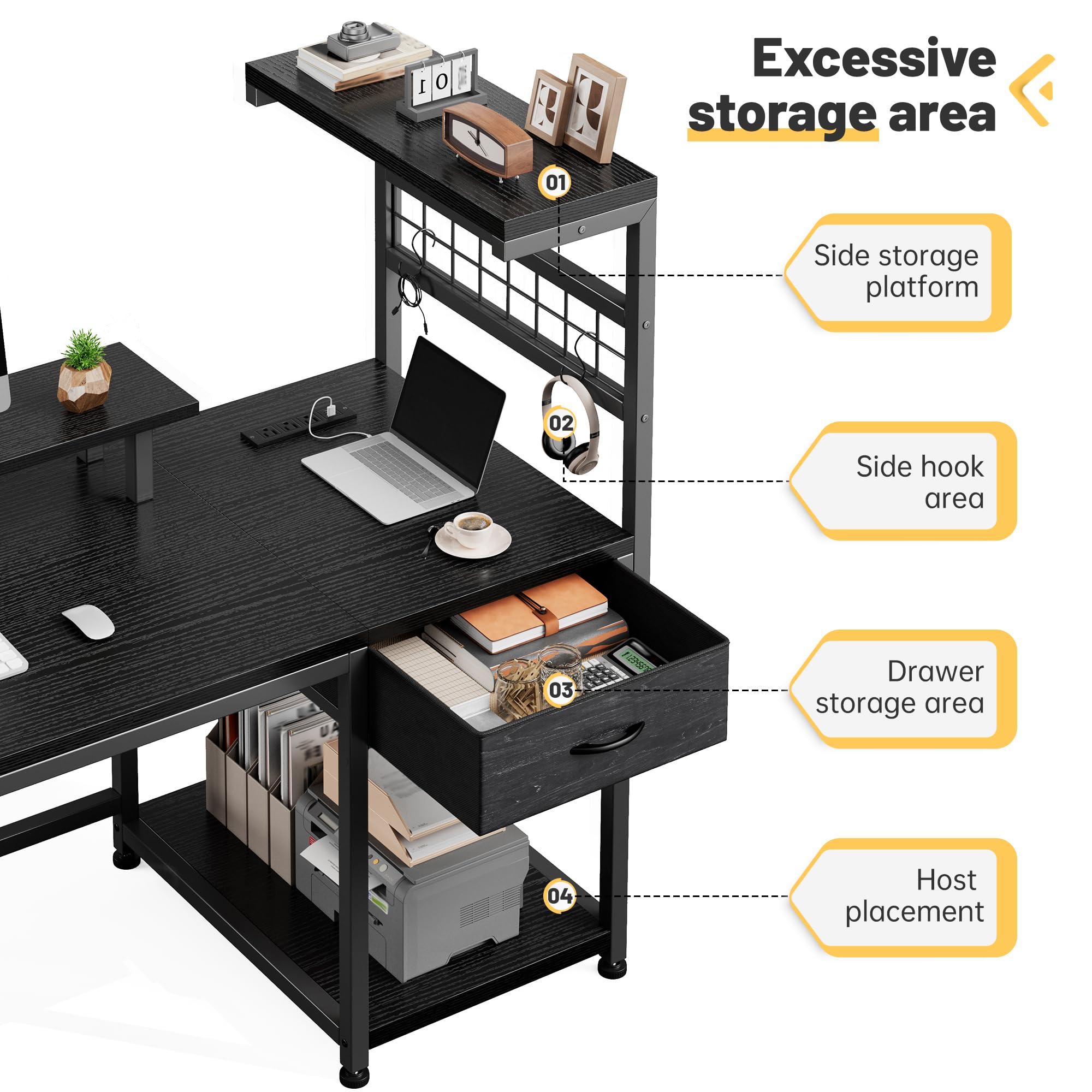 EnHomee 40" Gaming Desk with Power Outlets & LED Lights, Computer Desk with Drawer & Storage Shelve, Home Office Desk with Monitor Stand for Living Room, Study Room, Gaming Room, Black