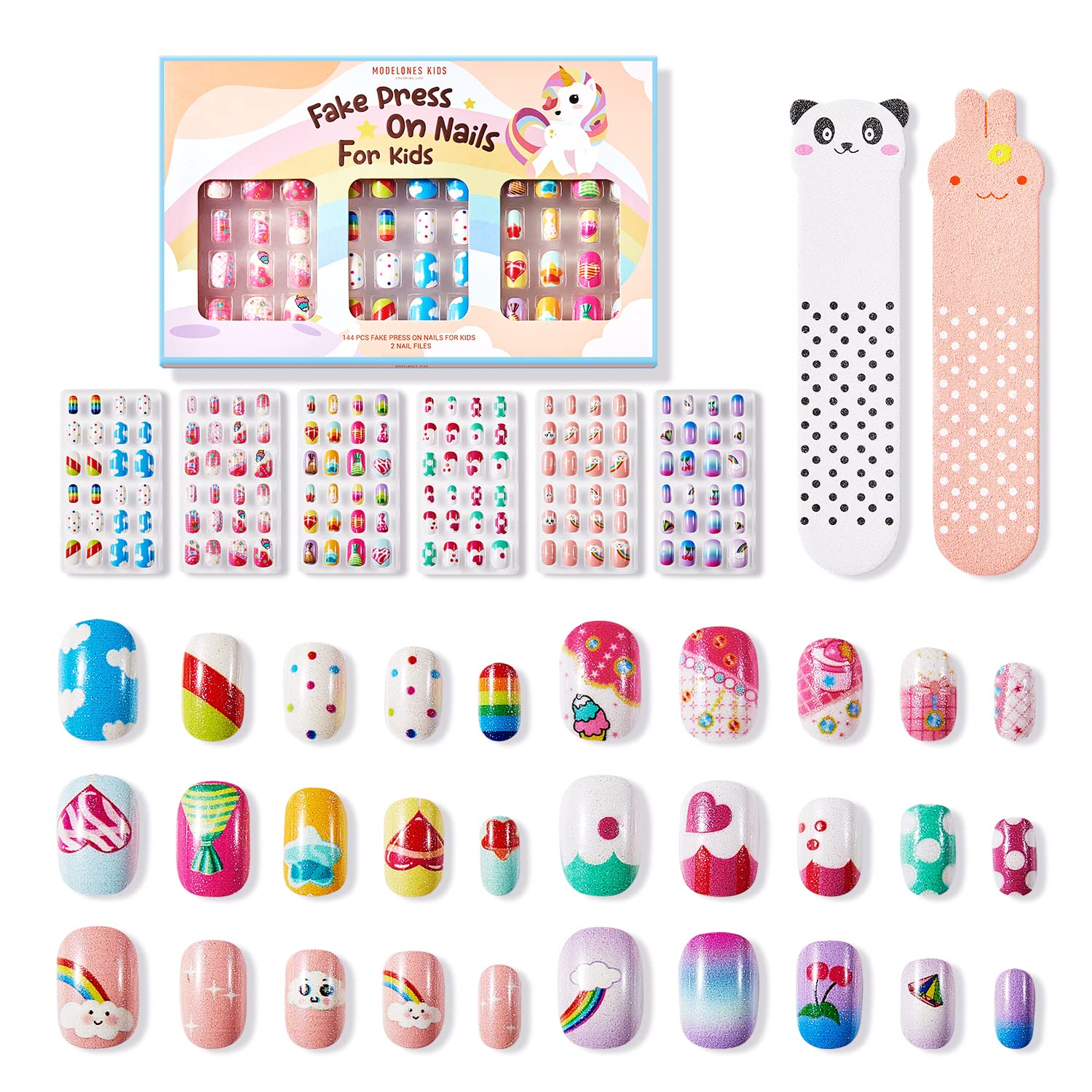 Modelones Press on Nails for Kids 144Pcs 6 Pack Children Acrylic Fake Nails Pre-glue Full Cover Glitter Gradient Color Heart Cat Short False Nail Art Kits Sets Christmas Gifts for Kids Girls
