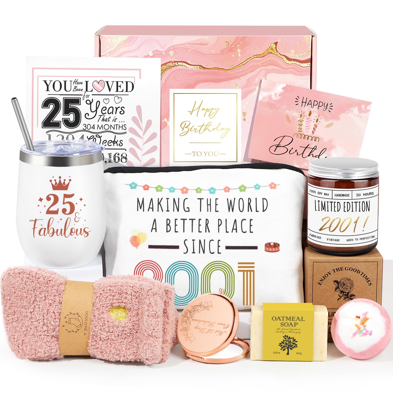 25th Birthday Gifts for Women, Vintage 2001 Happy 25th Birthday Gifts Basket for Women, Unique Gift Ideas for 25 Year Old Female Her Friend Daughter Sister, Cool 9 in 1 Bday Gift Turning 25 Year Old