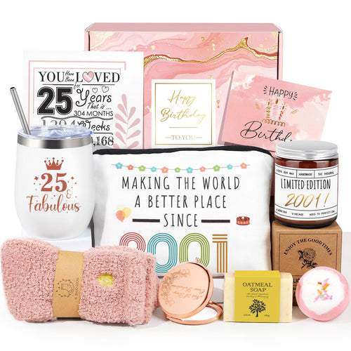 25th Birthday Gifts for Women, Vintage 2001 Happy 25th Birthday Gifts Basket for Women, Unique Gift Ideas for 25 Year Old Female Her Friend Daughter Sister, Cool 9 in 1 Bday Gift Turning 25 Year Old