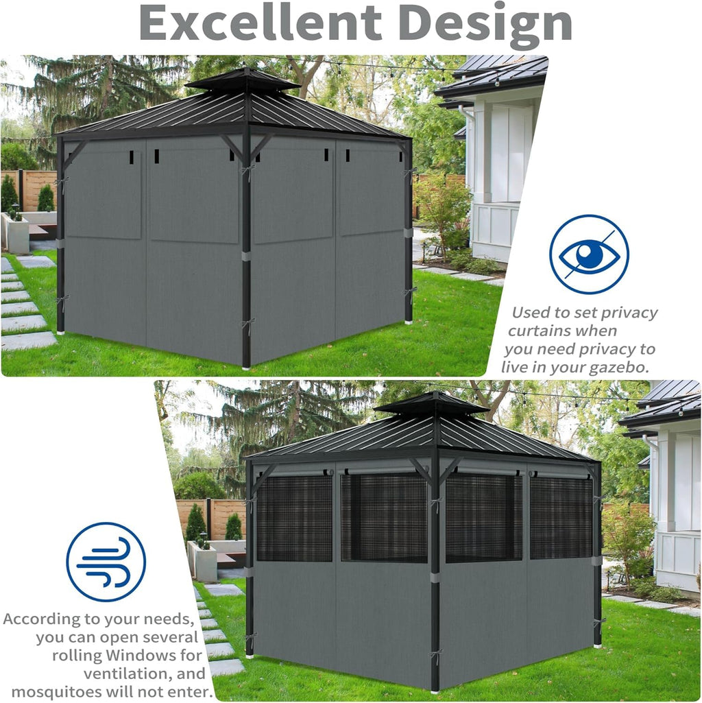 Gazebo Privacy Curtains 10' x 10' with Mosquito Windows, 4-Panels Side Wall with Zipper Universal Replacement for Patio, Outdoor Canopy, Garden and Backyard, Gray (Curtain Only)