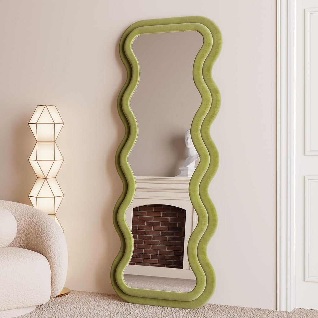 BOJOY Full Length Mirror, 63" x 24" Wall Mirror, Flannel Wrapped Wooden Frame Floor Mirror, Irregular Wavy Mirror Hanging or Leaning Against Wall for Cloakroom/Bedroom/Living Room, Black