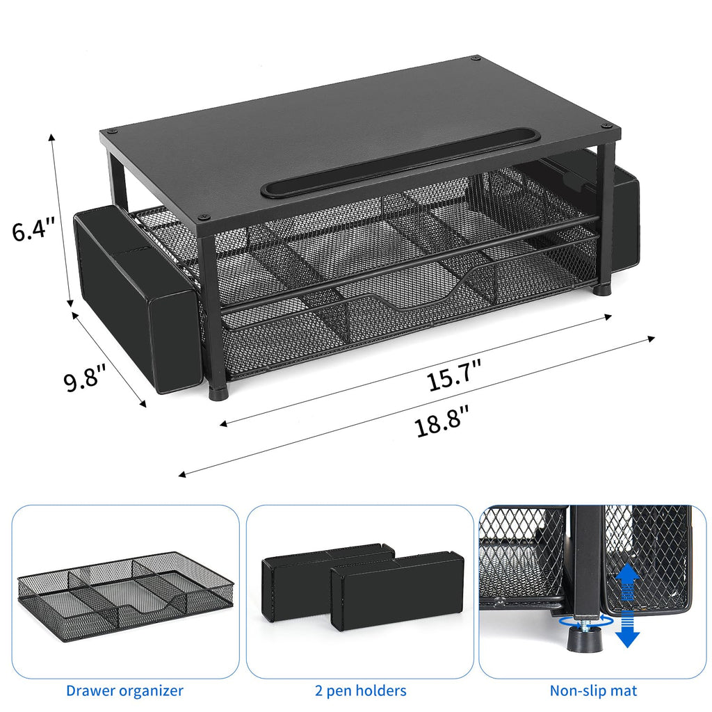 AUPSEN 2 Tier Computer Monitor Stands with Drawer and 2 Pencil Holder, Metal Monitor Stand Monitor riser, Computer Desk Organizer and Accessories for Laptop, Computer, Printer, Office Supplies(Black)