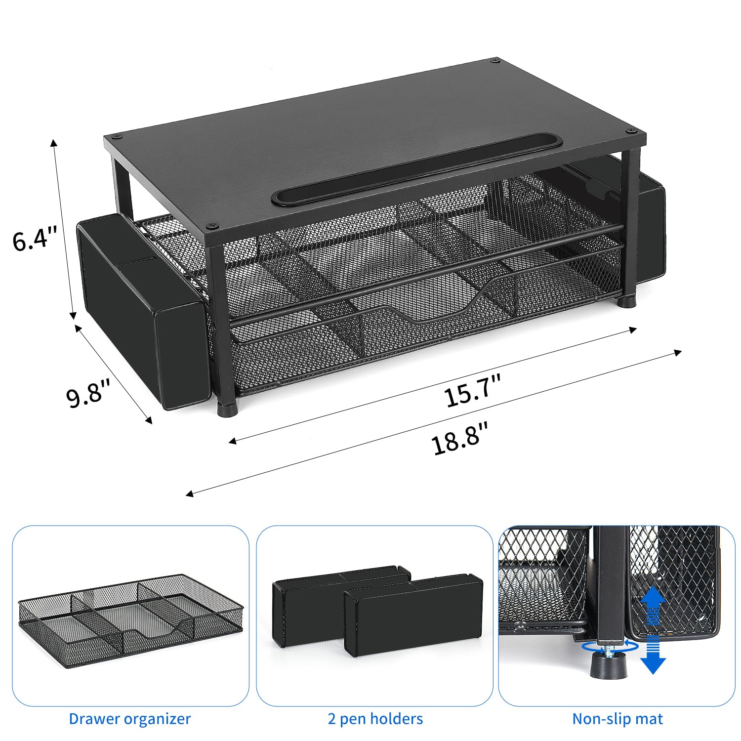 AUPSEN 2 Tier Computer Monitor Stands with Drawer and 2 Pencil Holder, Metal Monitor Stand Monitor riser, Computer Desk Organizer and Accessories for Laptop, Computer, Printer, Office Supplies(Black)