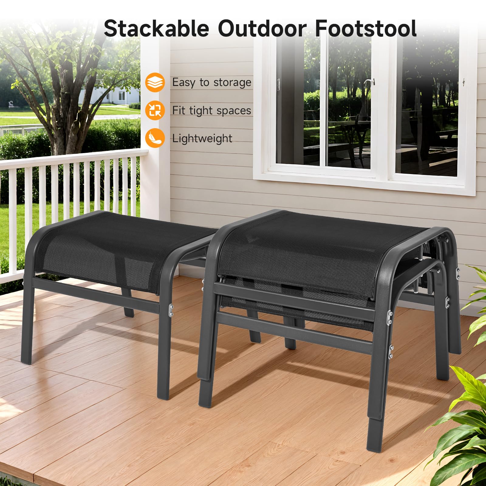 ONBRILL Outdoor Ottoman Set of 2, All Weather Outdoor Foot Stool with Supportive Textliene and Metal Frame, Stackable Oversized Outdoor Foot Rest for Furniture Patio Garden Pool, Beige