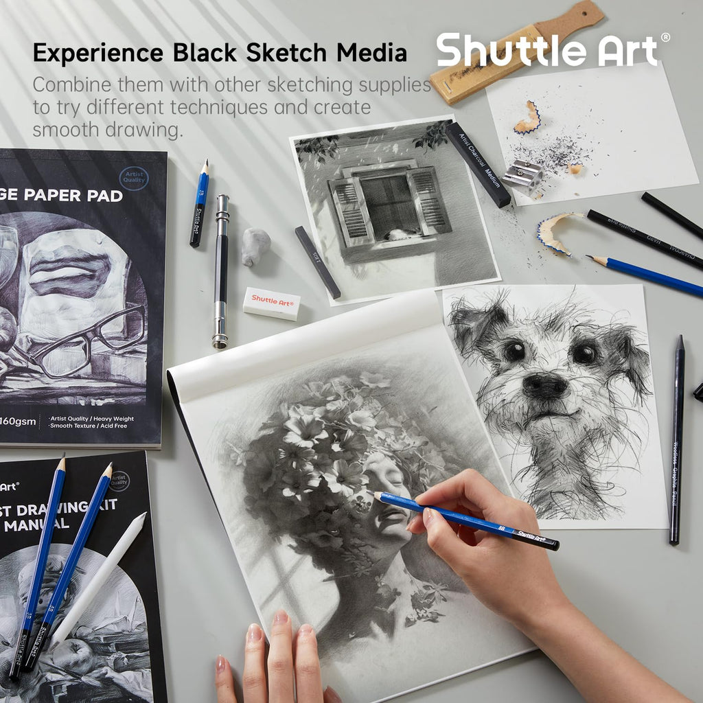 Shuttle Art 103 PCS Drawing Kit, Professional Drawing Supplies with Sketch, Charcoal, Colored, Graphite, Pastel Pencils & Sticks, Complete Drawing Tools and Paper Pads in Zipper Case for Artists&Kids