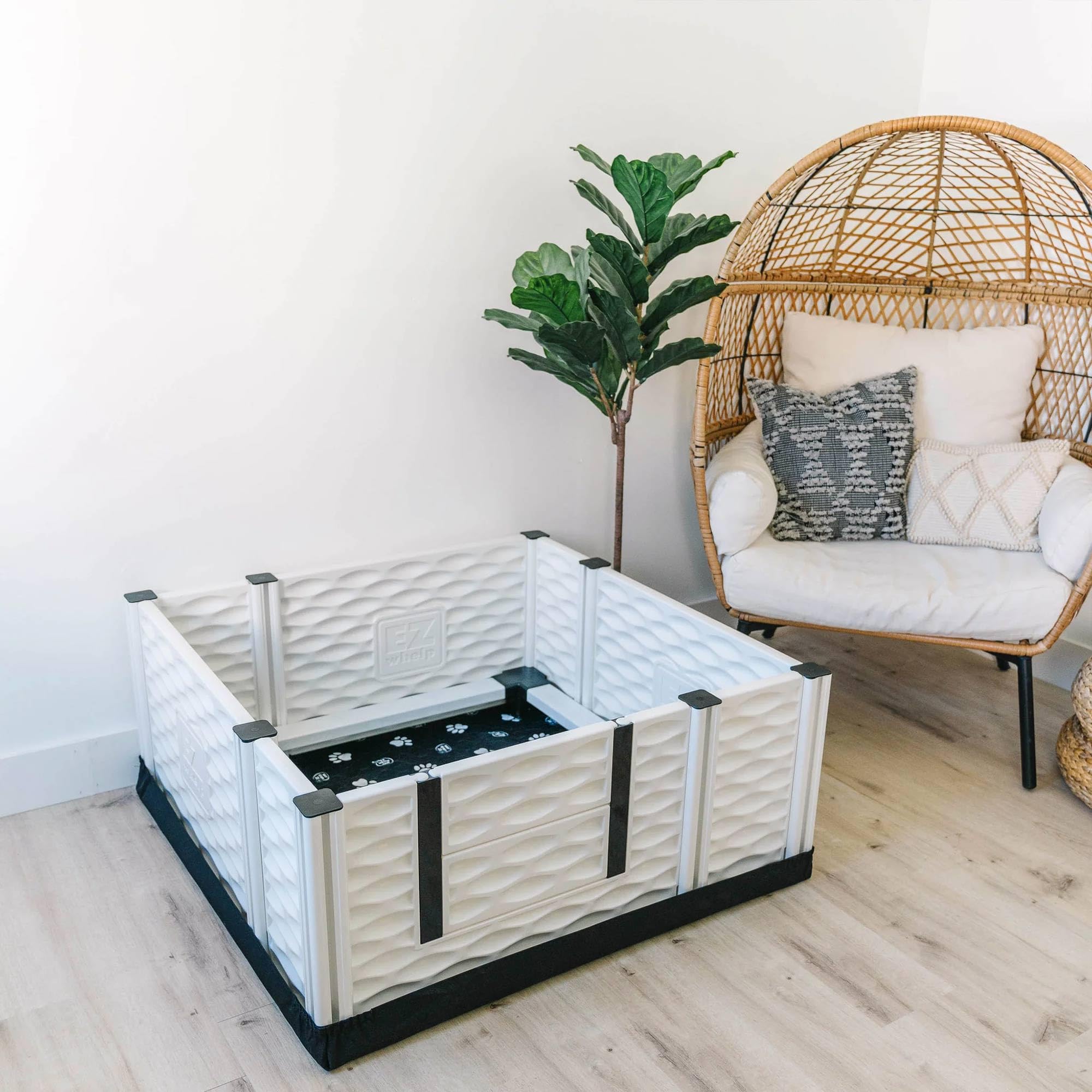 EZwhelp EZclassic Windowed 48"x48"x18" Whelping Box with Rails and Windowed Walls, Padded Dog Whelping Box, Black Pad