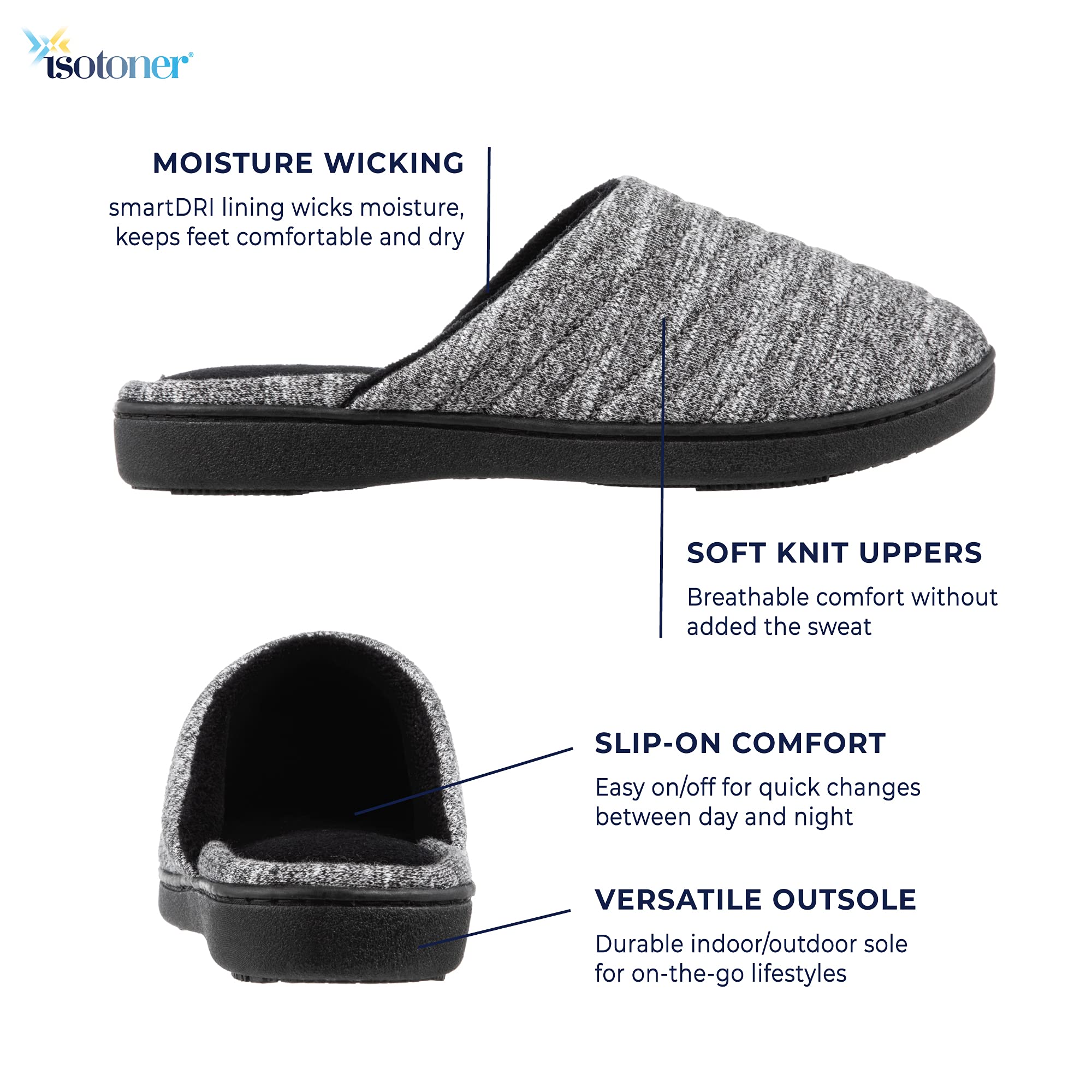 Isotoner Women's Premium Knit Slide Slippers - Moisture-Wicking Lining, Rubber Indoor/Outdoor Sole - Machine Washable House Shoes