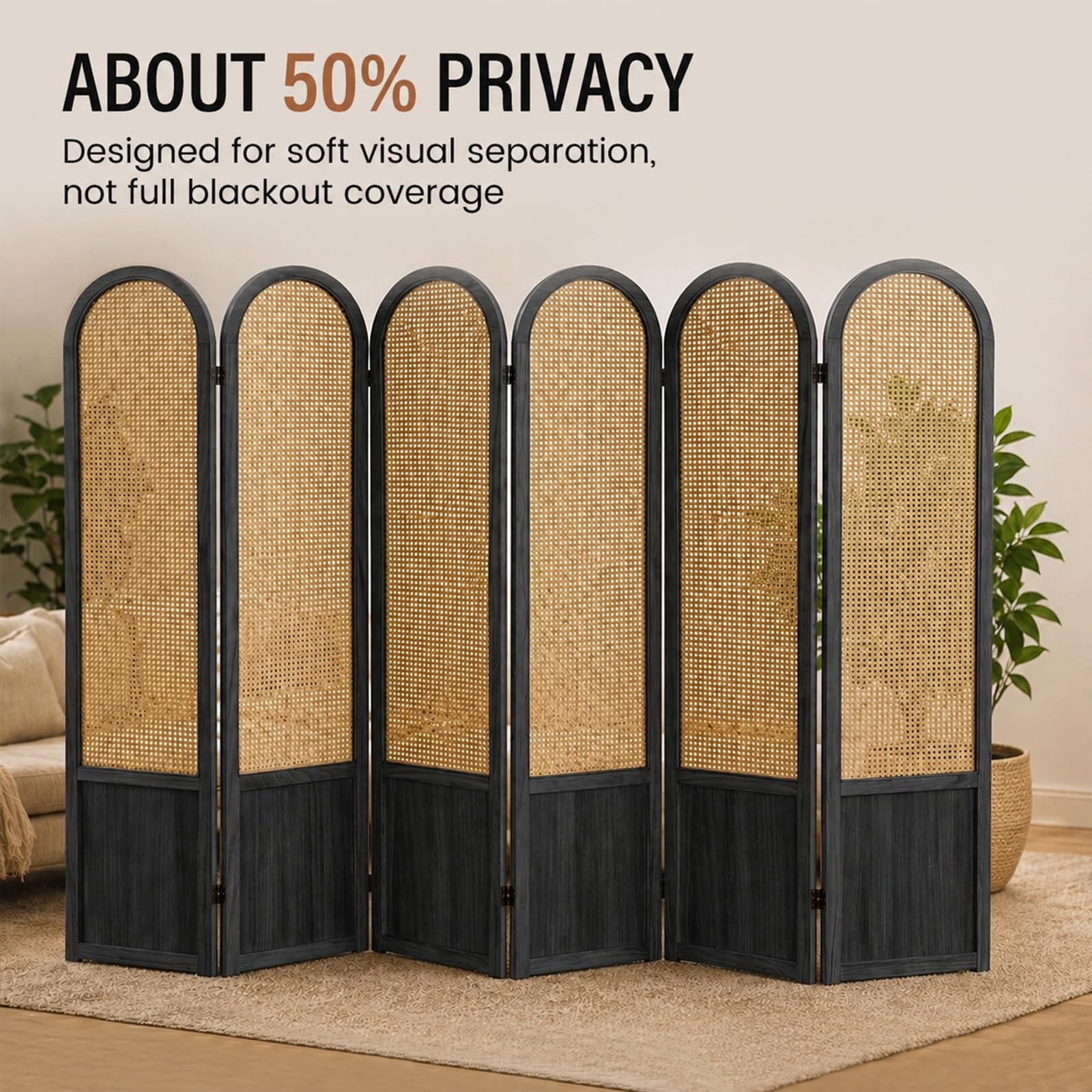 Hand-Woven Rattan Room Divider 3 Panels, 5.9 Ft Tall Wood Room Divider Panel, Partition Screen Divider Wall, Folding Privacy Screen, Wall Divider for Room Separation Home Office - Black