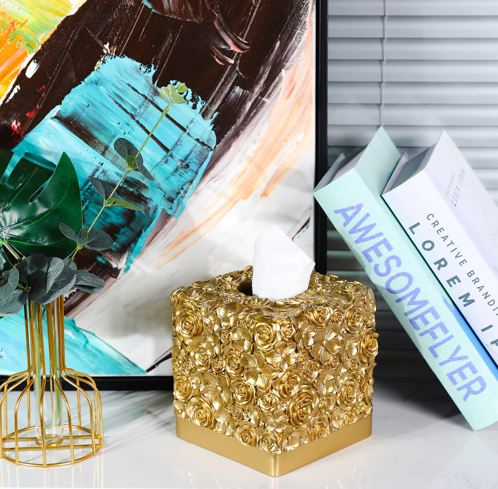 Hymmah Square Tissue Box Cover Holder with Tray,Unique Cube Design Tissue Dispenser Cover Decor for Vanity Counter Tops Also Great for Bedroom and Living Room